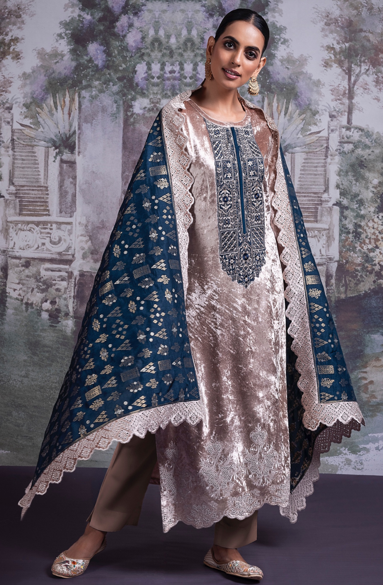 Pure Velvet Suit Set with Beautiful Blue Silk Dupatta - OSY2318B