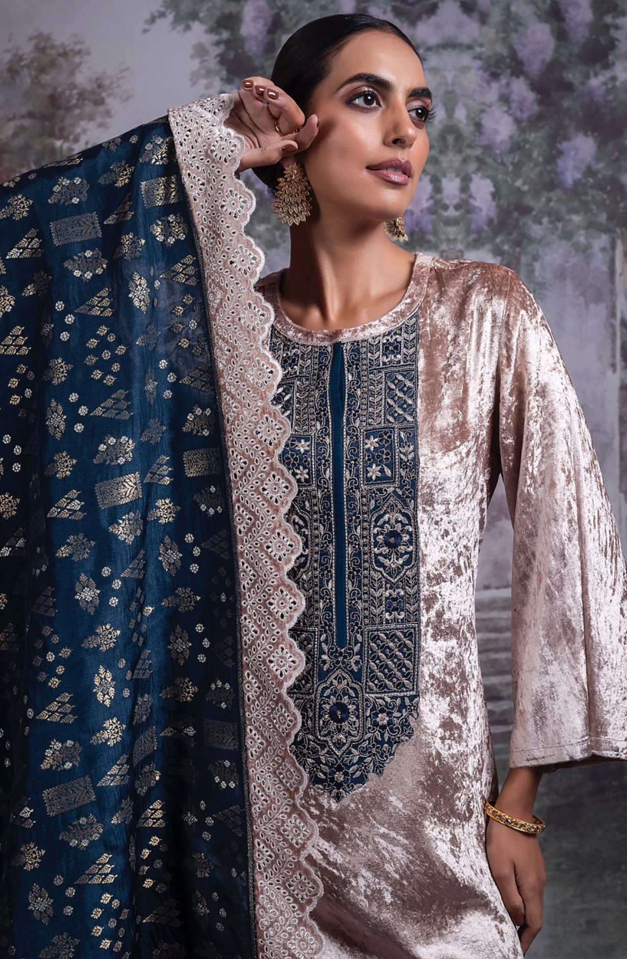 Pure Velvet Suit Set with Beautiful Blue Silk Dupatta -  OSY2318B