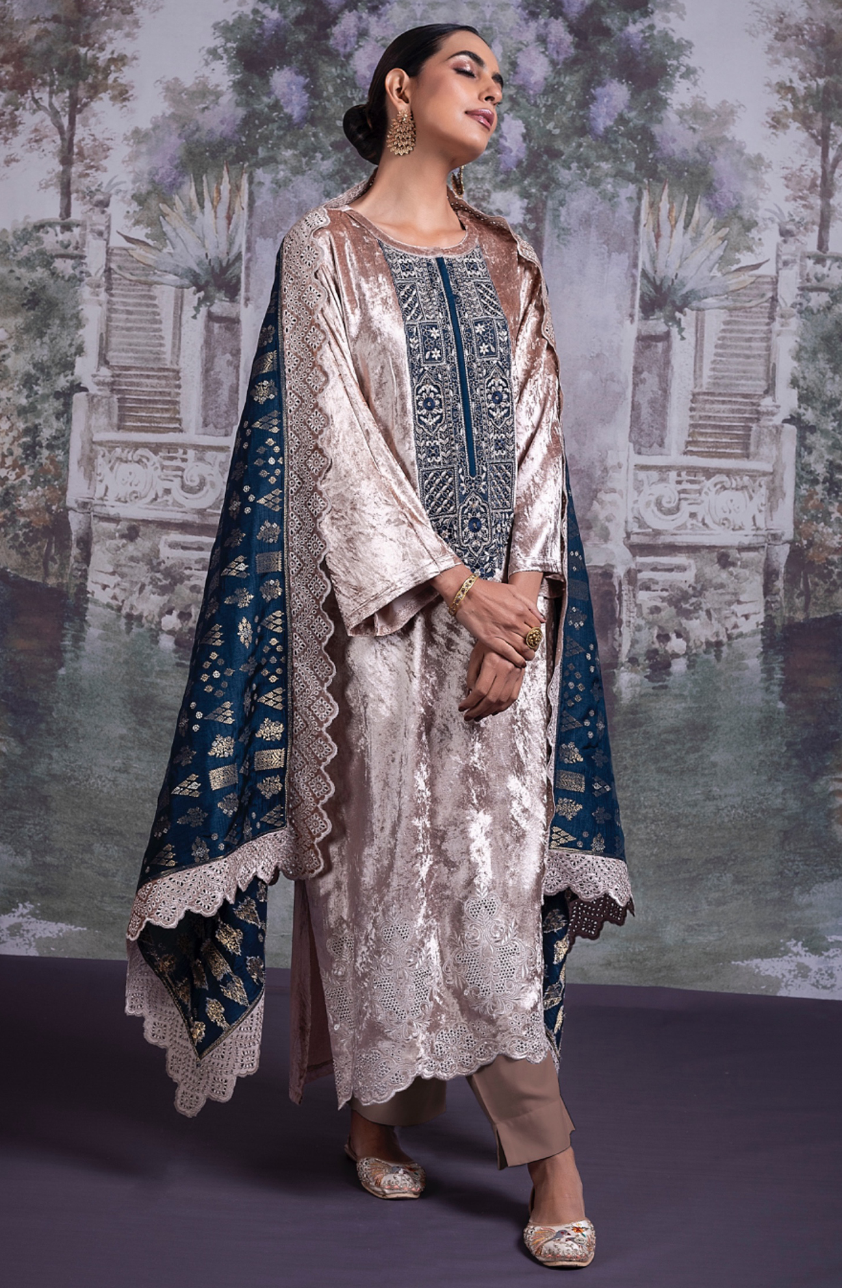 Pure Velvet Suit Set with Beautiful Blue Silk Dupatta - OSY2318B