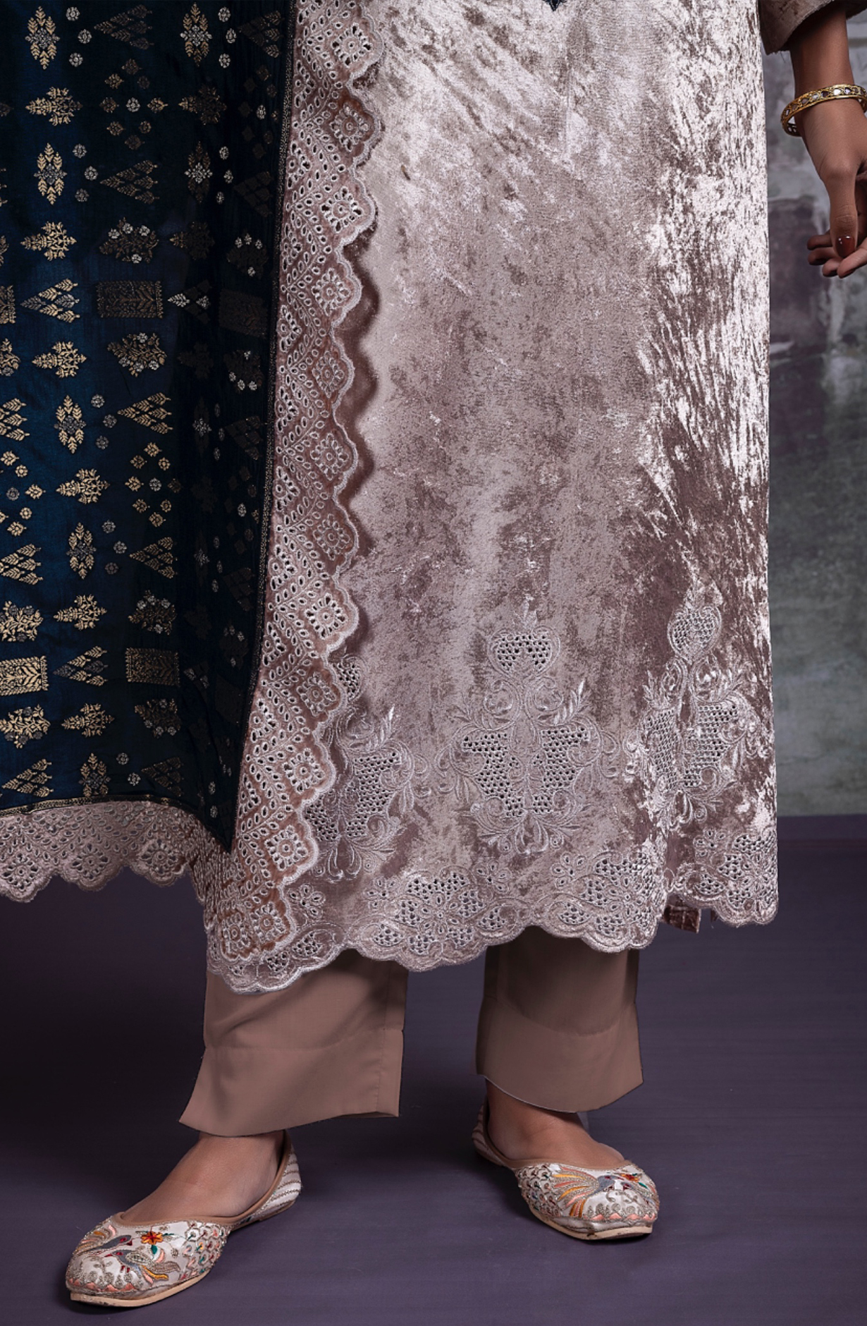 Pure Velvet Suit Set with Beautiful Blue Silk Dupatta - OSY2318B
