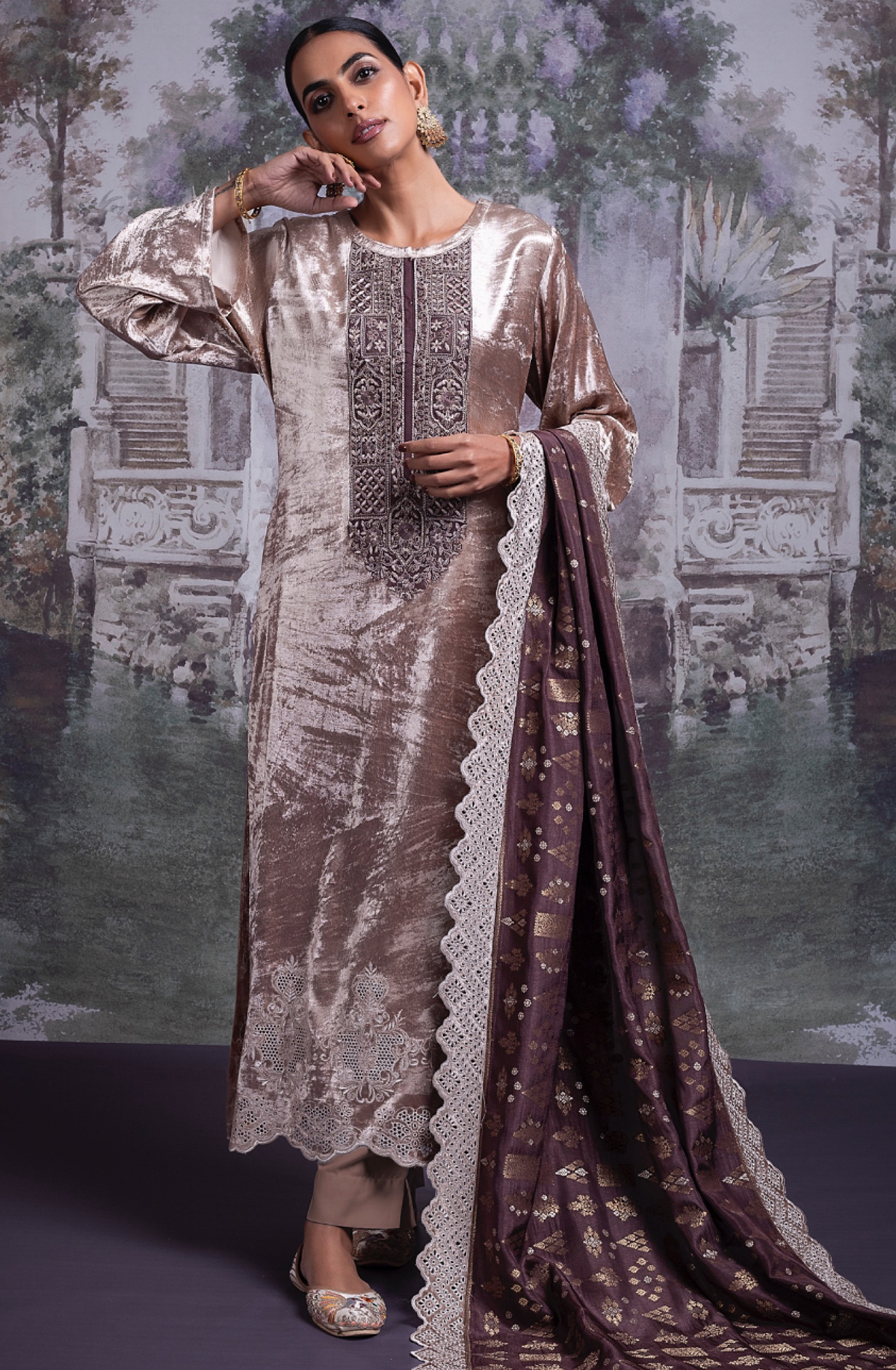 Pure Velvet Suit Set with Beautiful Blue Silk Dupatta - OSY2318C