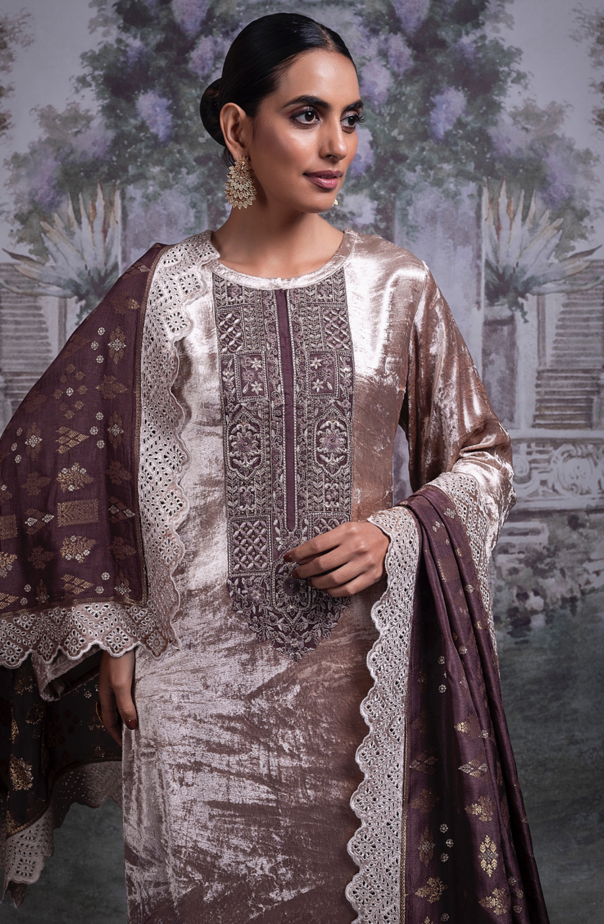 Pure Velvet Suit Set with Beautiful Blue Silk Dupatta - OSY2318C