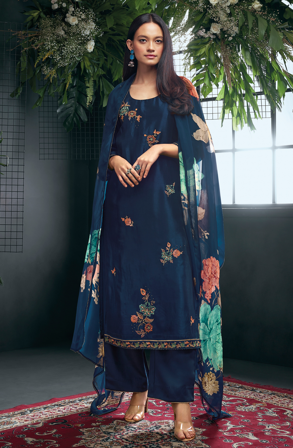 Teal Russian Silk Beautiful Embroidered Suit with Organza Dupatta - OWDC1593