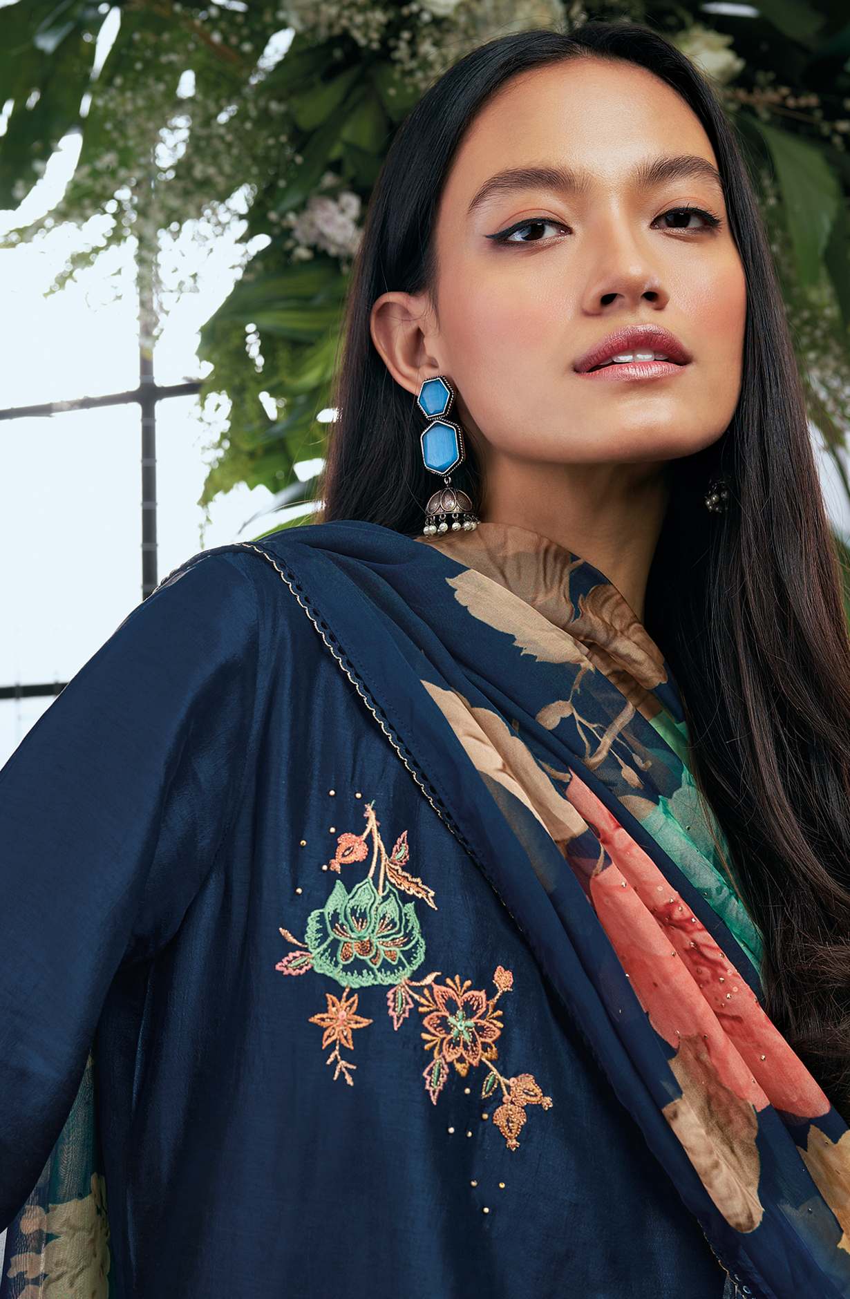 Teal Russian Silk Beautiful Embroidered Suit with Organza Dupatta - OWDC1593