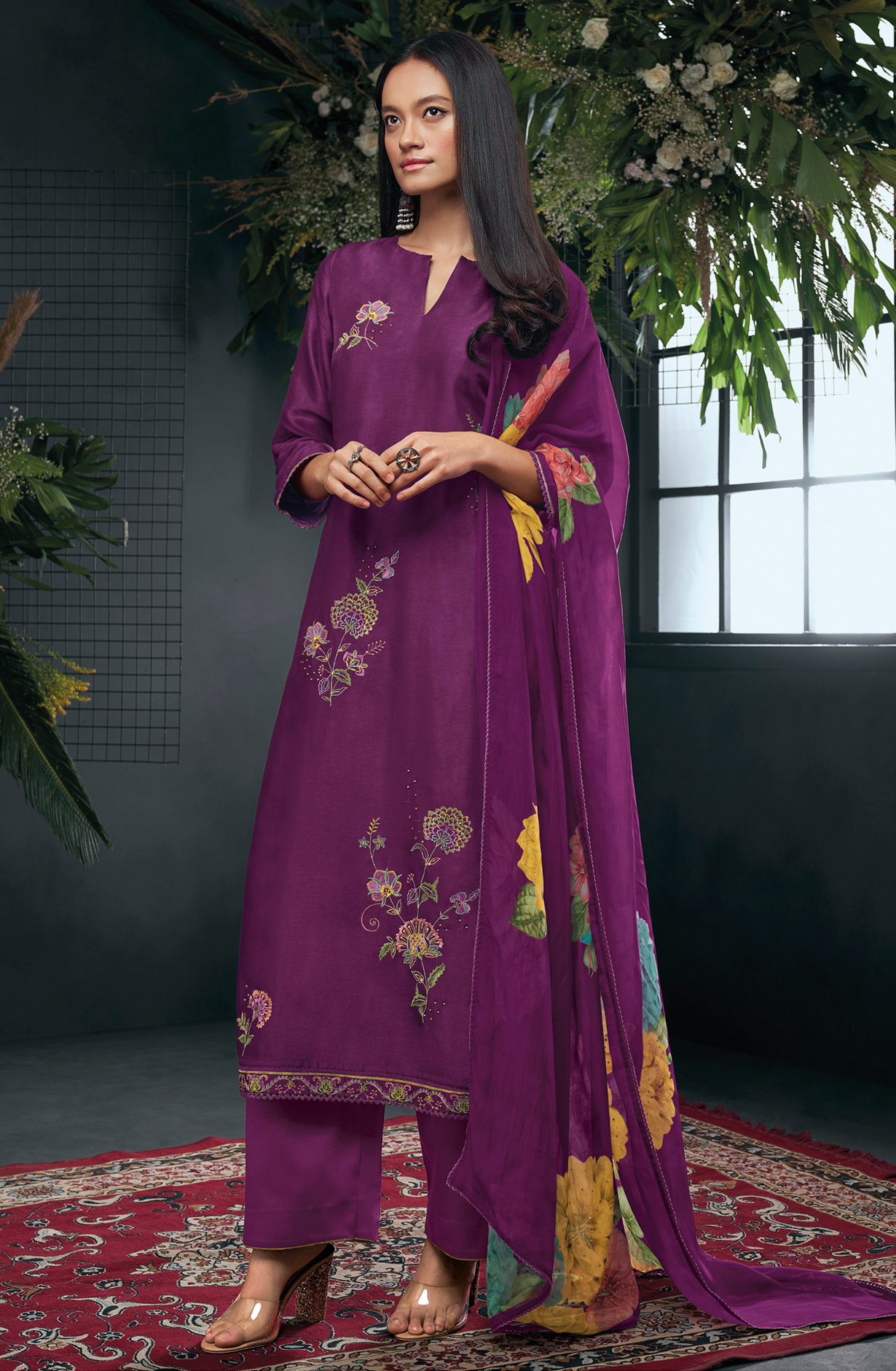 Purple Russian Silk Beautiful Embroidered Suit with Organza Dupatta - OWDC1594