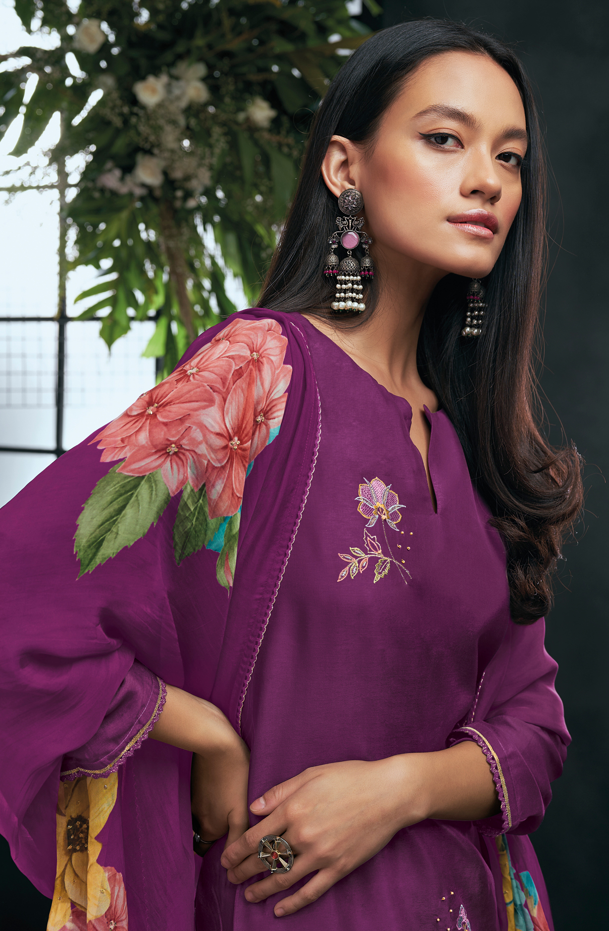 Purple Russian Silk Beautiful Embroidered Suit with Organza Dupatta - OWDC1594