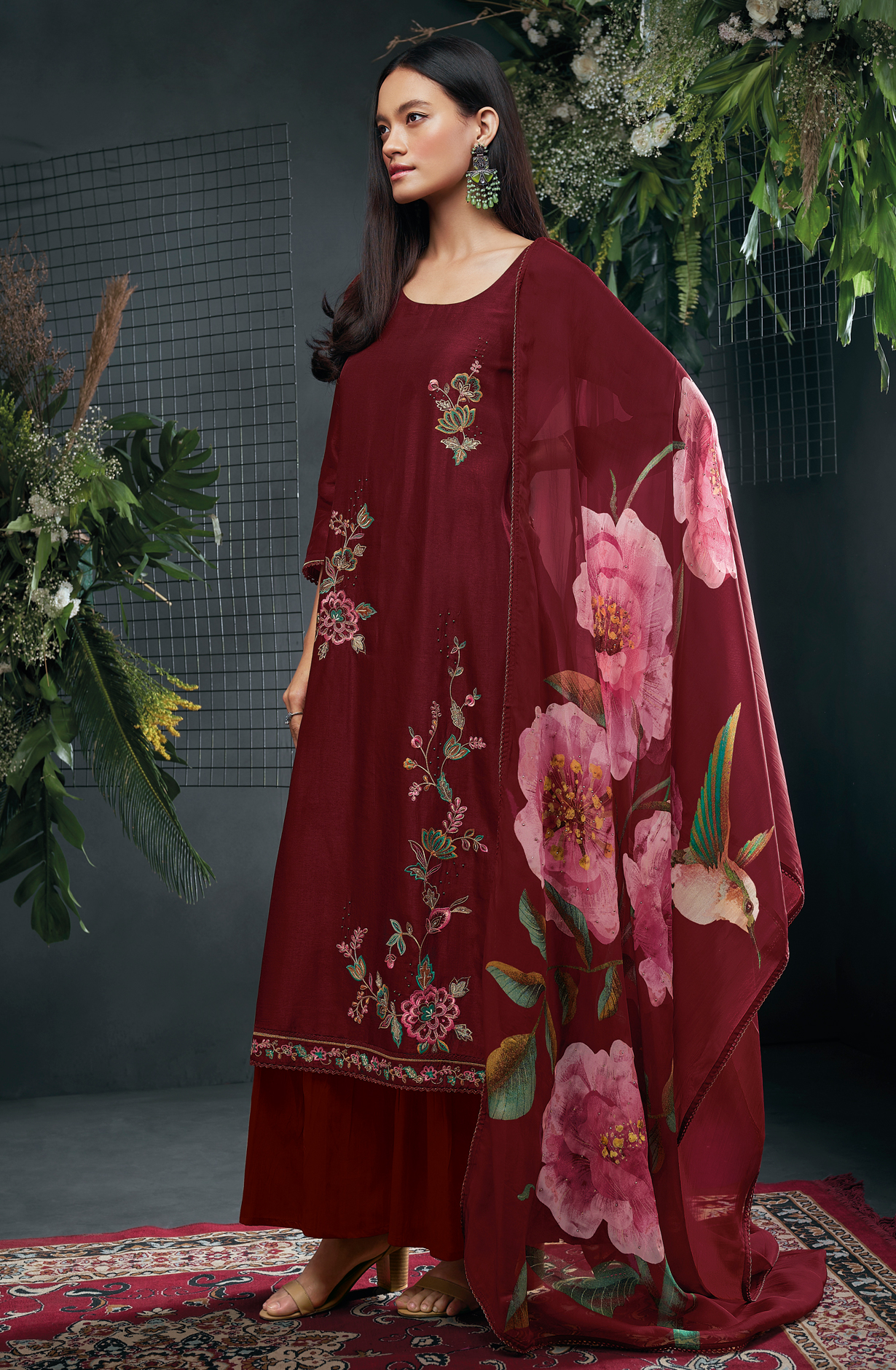 Maroon Russian Silk Beautiful Embroidered Suit with Organza Dupatta - OWDC1595