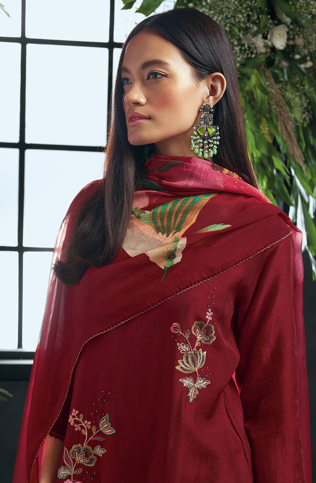 Maroon Russian Silk Beautiful Embroidered Suit with Organza Dupatta - OWDC1595