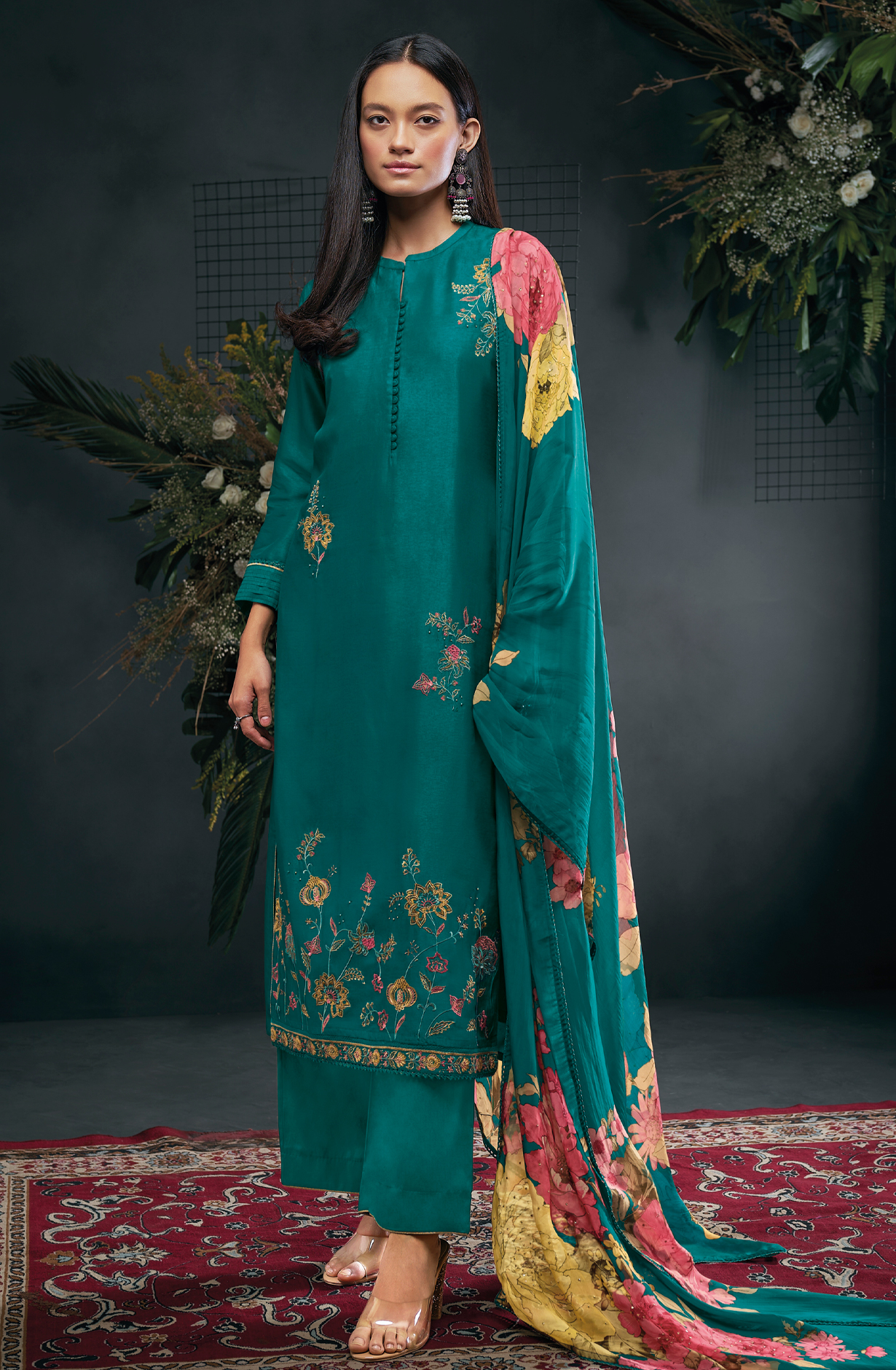 Firozi Russian Silk Beautiful Embroidered Suit with Organza Dupatta - OWDC1596