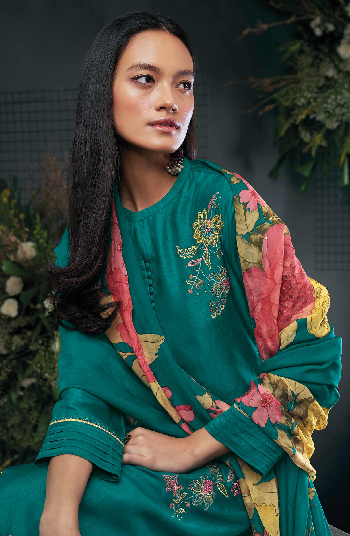 Firozi Russian Silk Beautiful Embroidered Suit with Organza Dupatta - OWDC1596