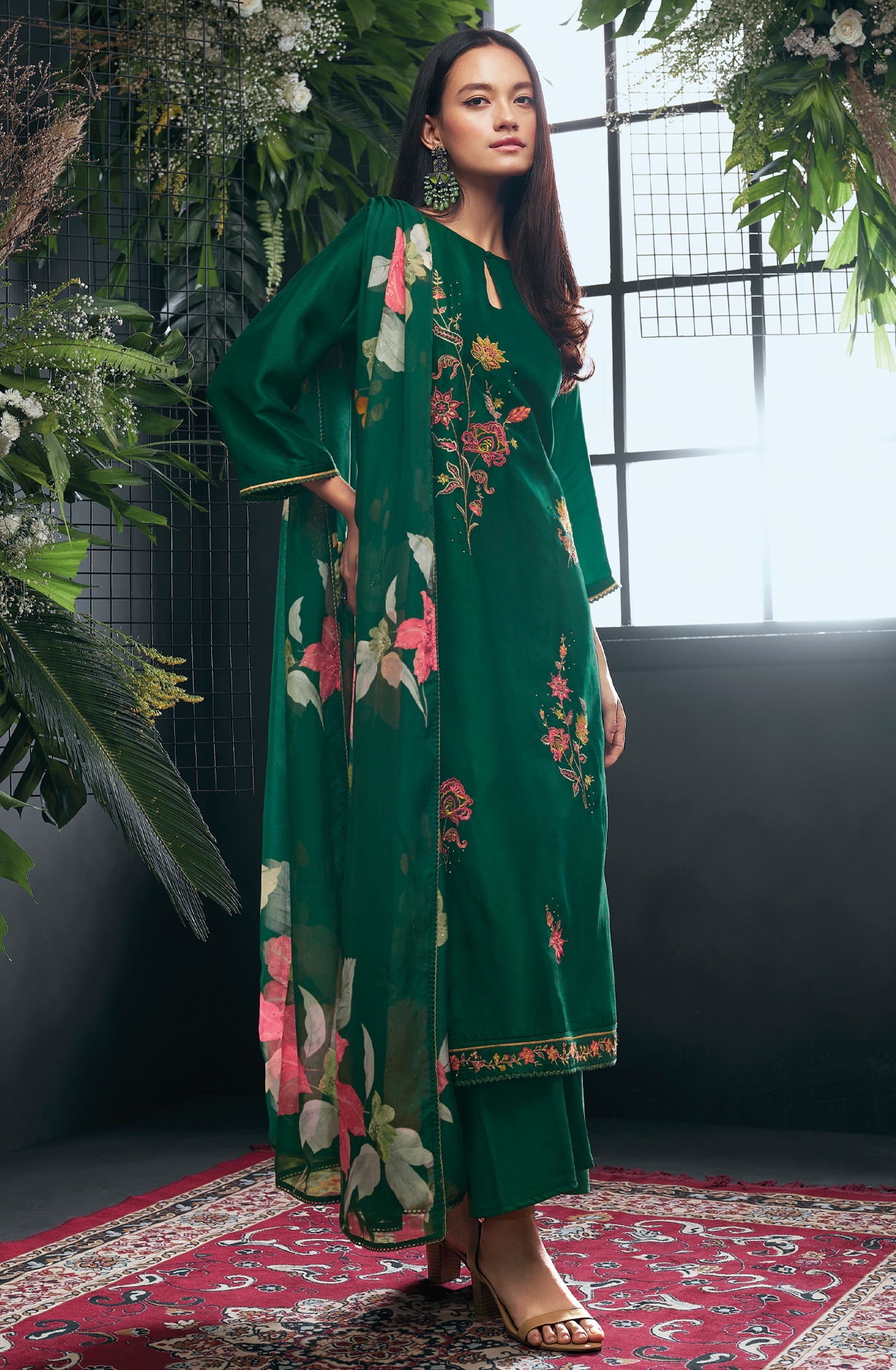 Bottle Green Russian Silk Beautiful Embroidered Suit with Organza Dupatta - OWDC1597