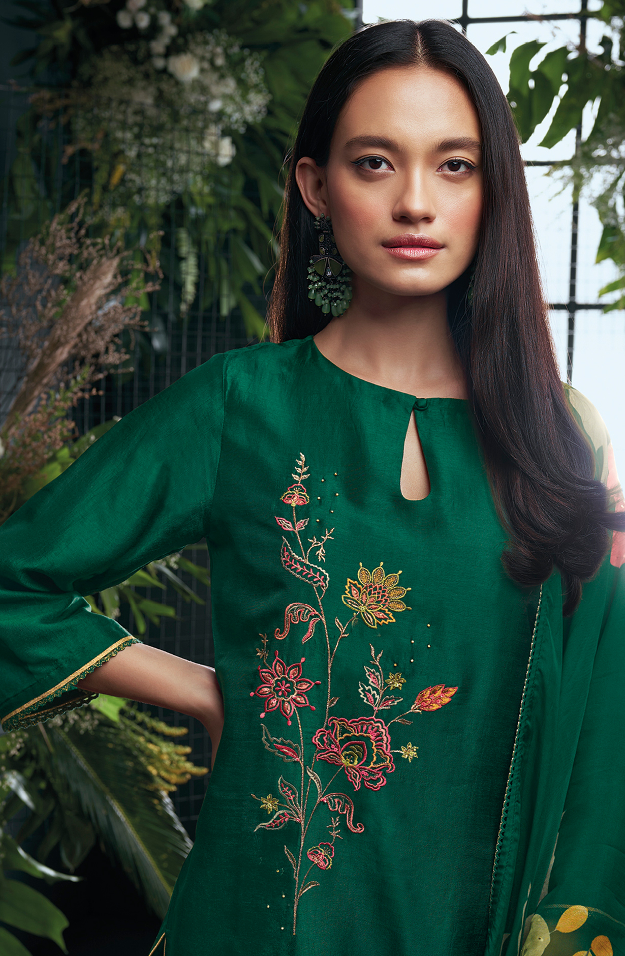 Bottle Green Russian Silk Beautiful Embroidered Suit with Organza Dupatta - OWDC1597