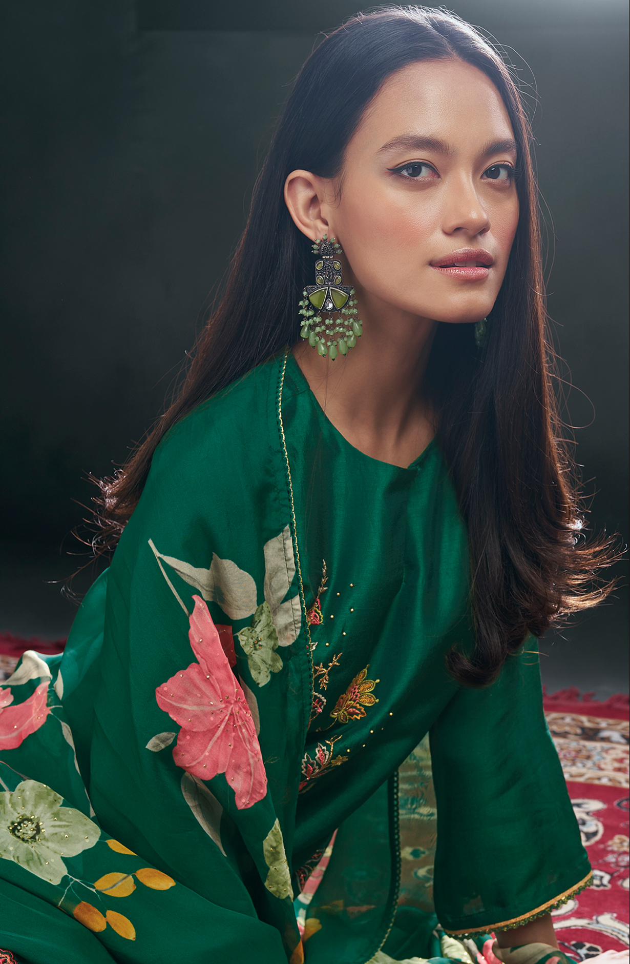 Bottle Green Russian Silk Beautiful Embroidered Suit with Organza Dupatta - OWDC1597