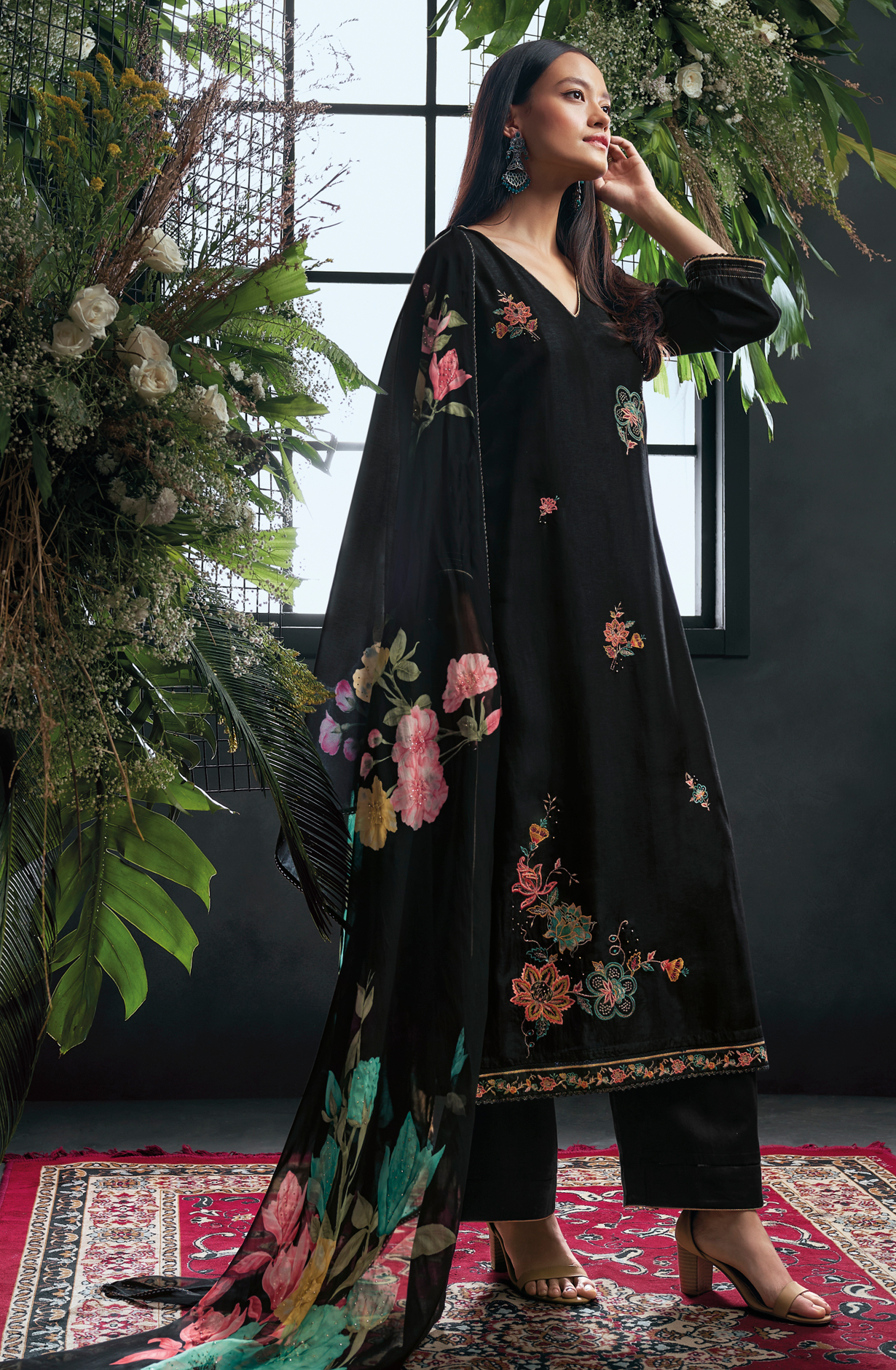 Black Russian Silk Beautiful Embroidered Suit with Organza Dupatta - OWDC1598