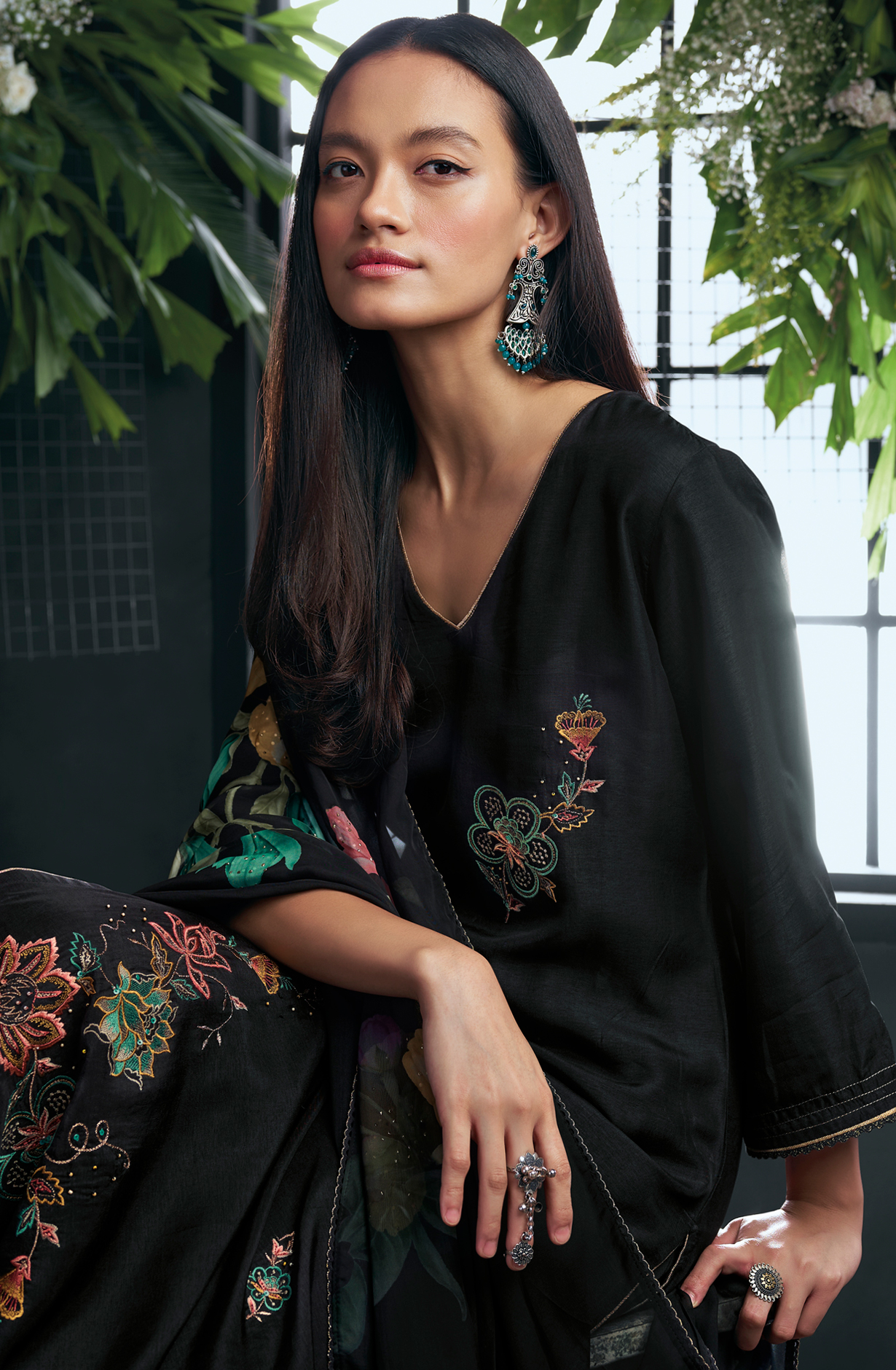 Black Russian Silk Beautiful Embroidered Suit with Organza Dupatta - OWDC1598