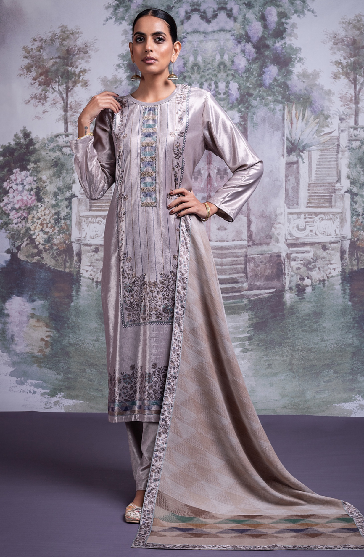 Digital Printed Velvet Suit with Pure Woolen Jacquard Pashmina Shawl- OZZ2329B