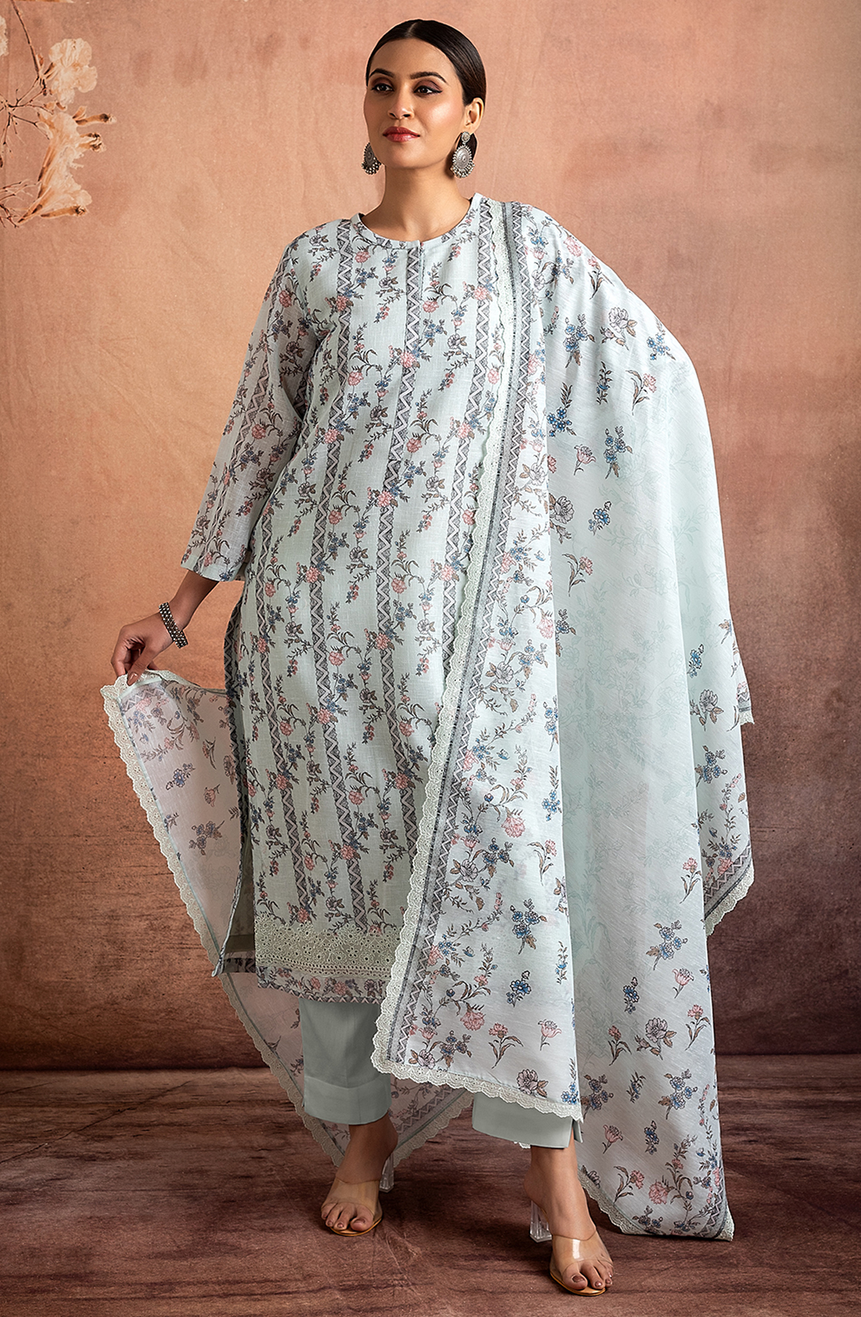 Sea Green Linen Unstitched Salwar Suit with Trendy Dupatta - PAL2202B