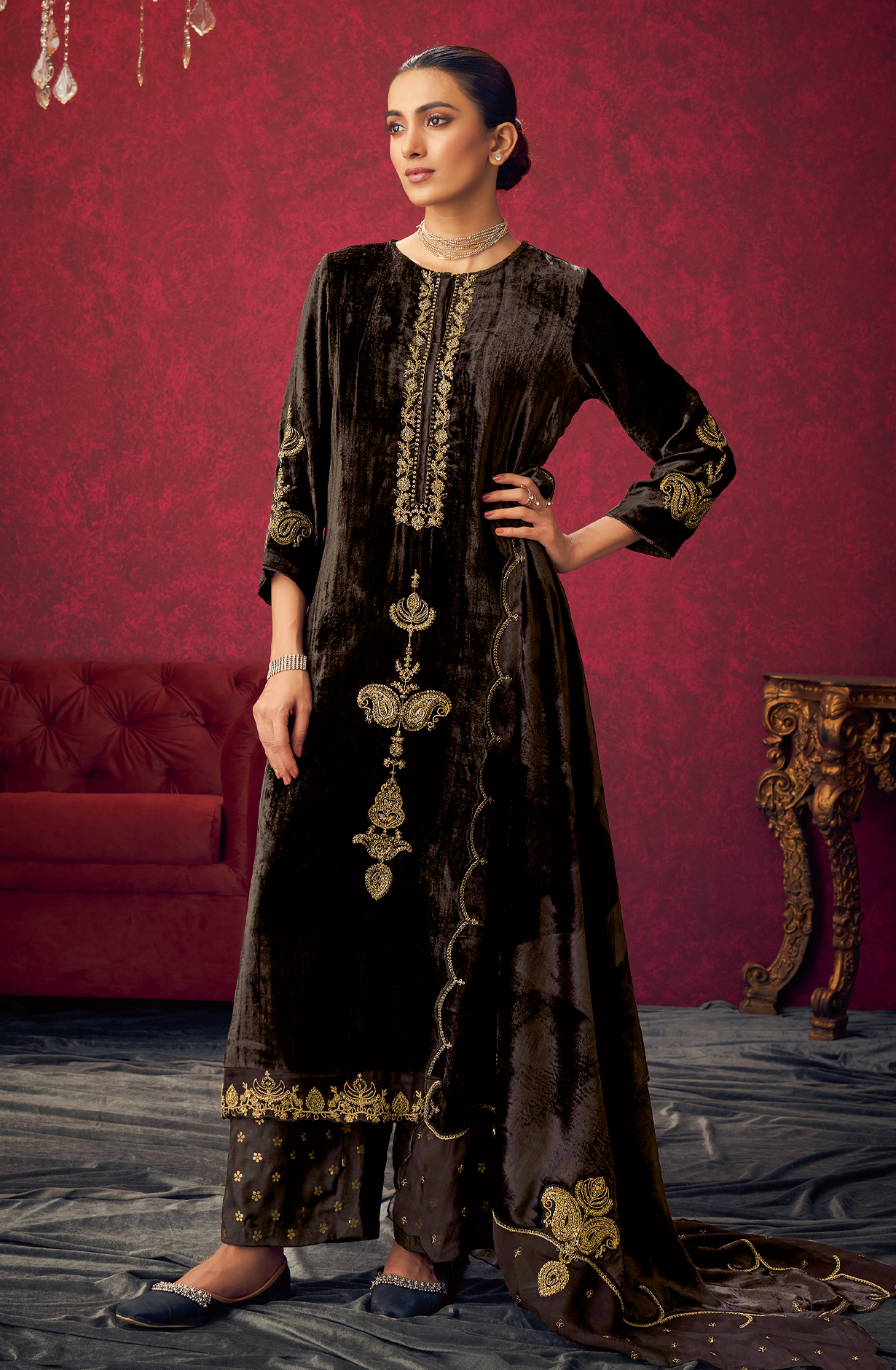 Chocolate Brown Designer Velvet Suit with Zari Sequence Work Embroidery - PARI426