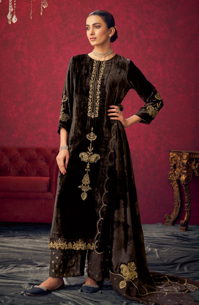 Chocolate Brown Designer Velvet Suit with Zari Sequence Work Embroidery - PARI426 Chocolate Brown Designer Velvet Suit with Zari Sequence Work Embroidery - PARI426