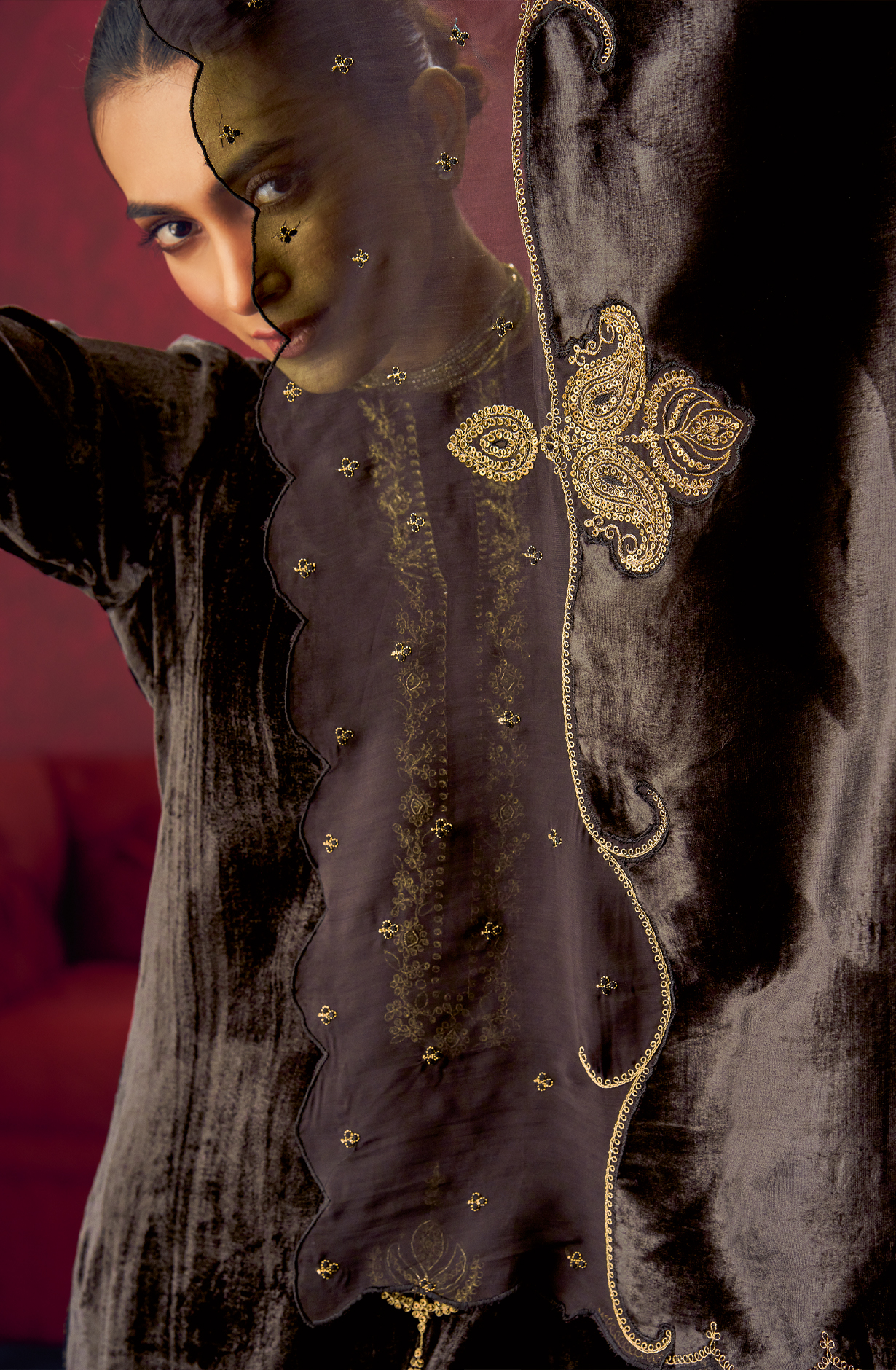 Chocolate Brown Designer Velvet Suit with Zari Sequence Work Embroidery - PARI426