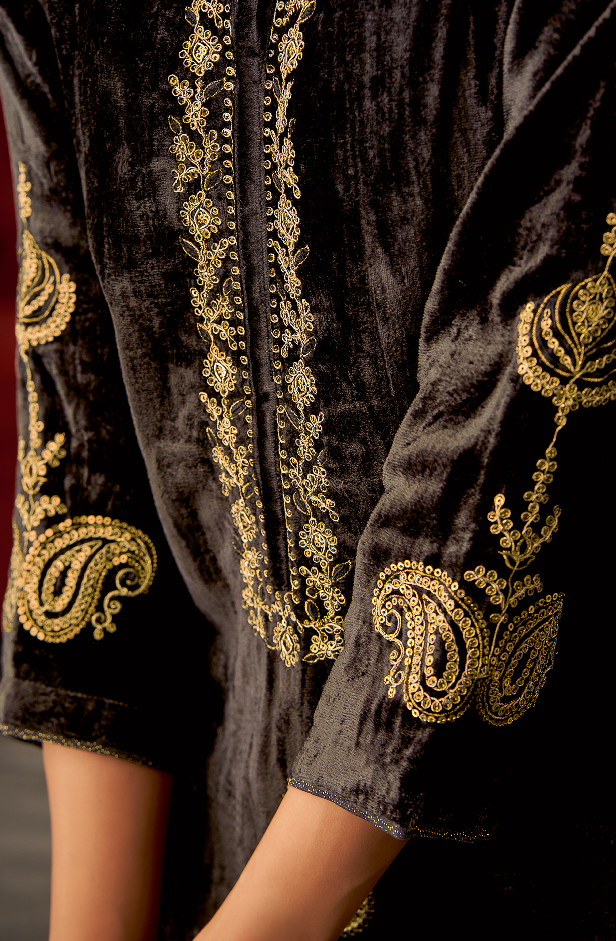Chocolate Brown Designer Velvet Suit with Zari Sequence Work Embroidery - PARI426