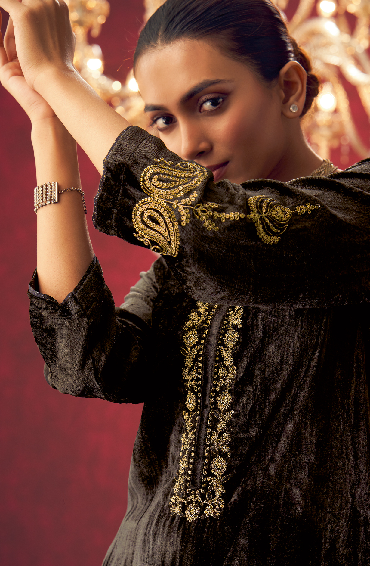 Chocolate Brown Designer Velvet Suit with Zari Sequence Work Embroidery - PARI426