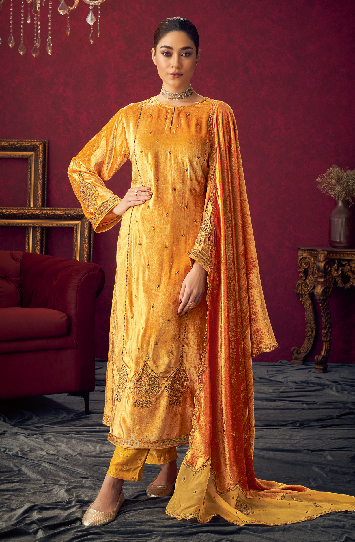 Mustard Designer Velvet Suit with Zari Sequence Work Embroidery - PARI428