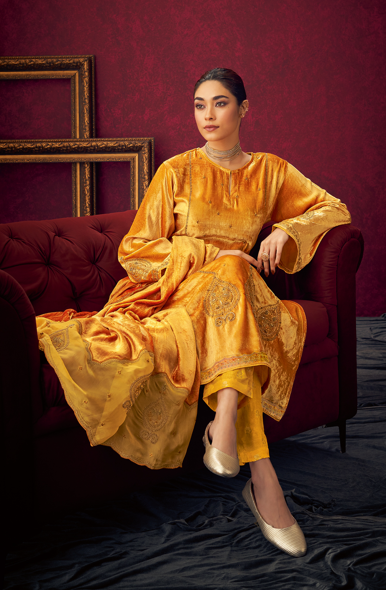 Mustard Designer Velvet Suit with Zari Sequence Work Embroidery - PARI428