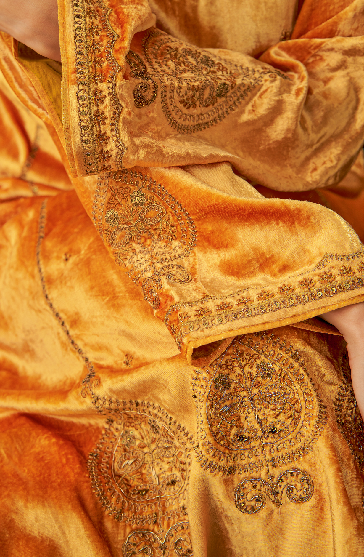 Mustard Designer Velvet Suit with Zari Sequence Work Embroidery - PARI428