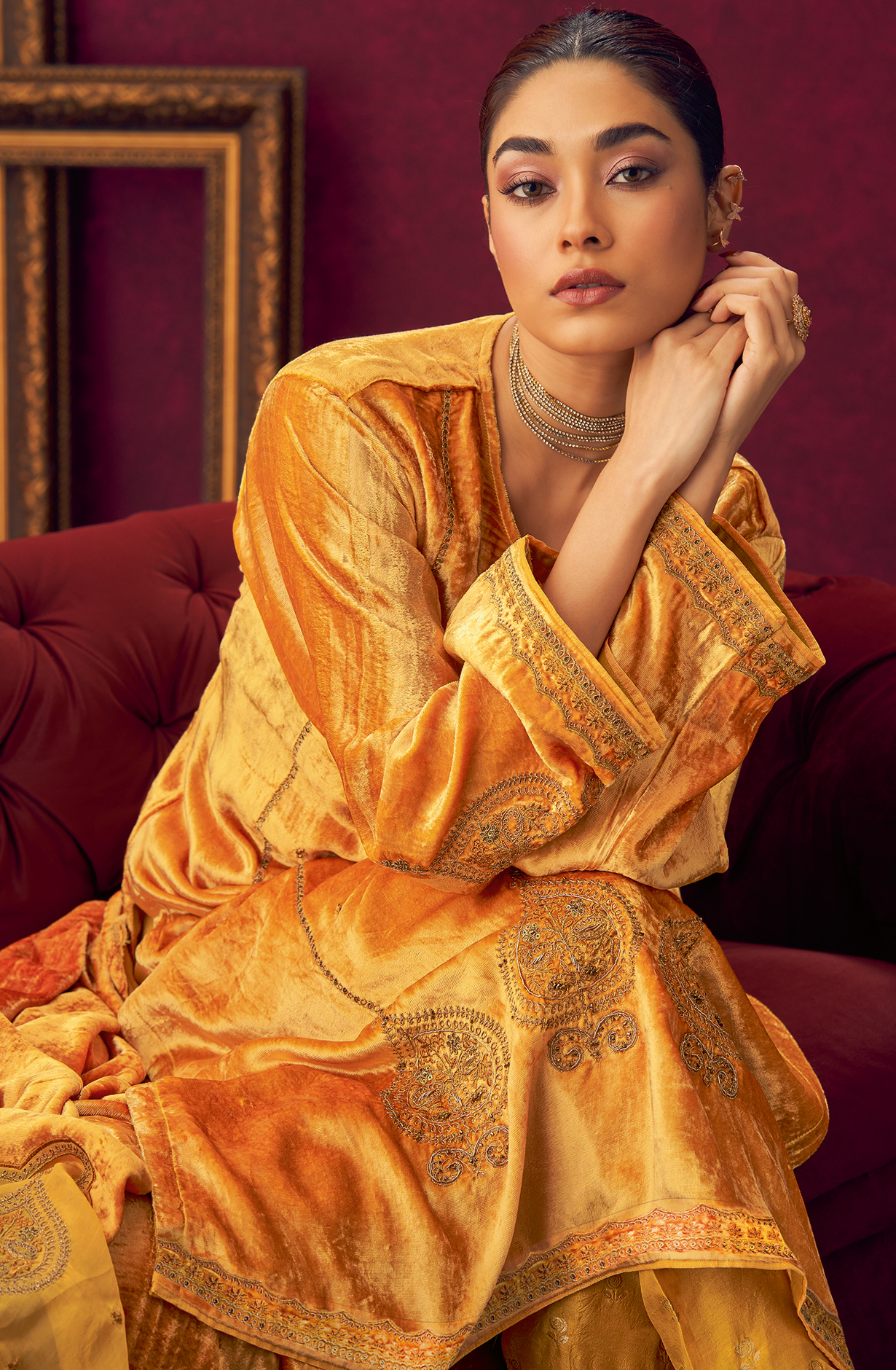 Mustard Designer Velvet Suit with Zari Sequence Work Embroidery - PARI428