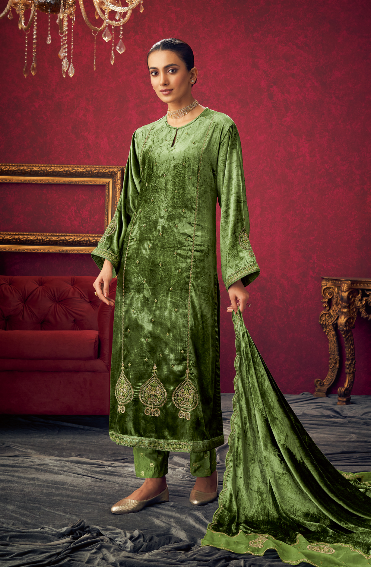 Bottle Green Designer Velvet Suit with Zari Sequence Work Embroidery - PARI485
