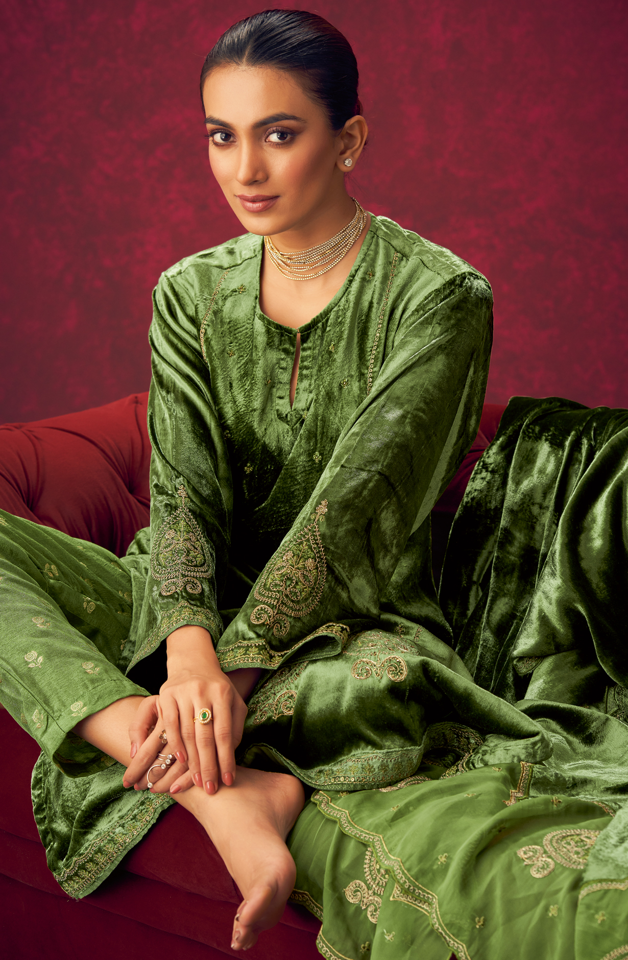 Bottle Green Designer Velvet Suit with Zari Sequence Work Embroidery - PARI485