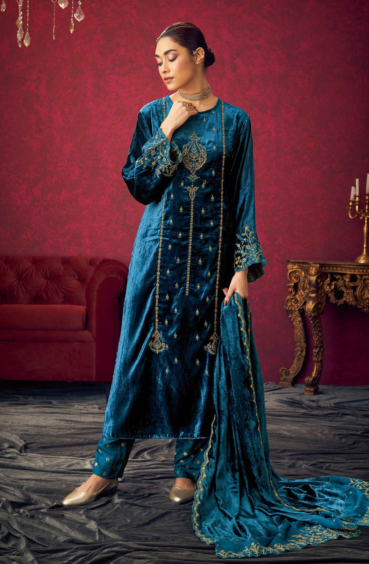 Teal Designer Velvet Suit with Zari Sequence Work Embroidery - PARI465