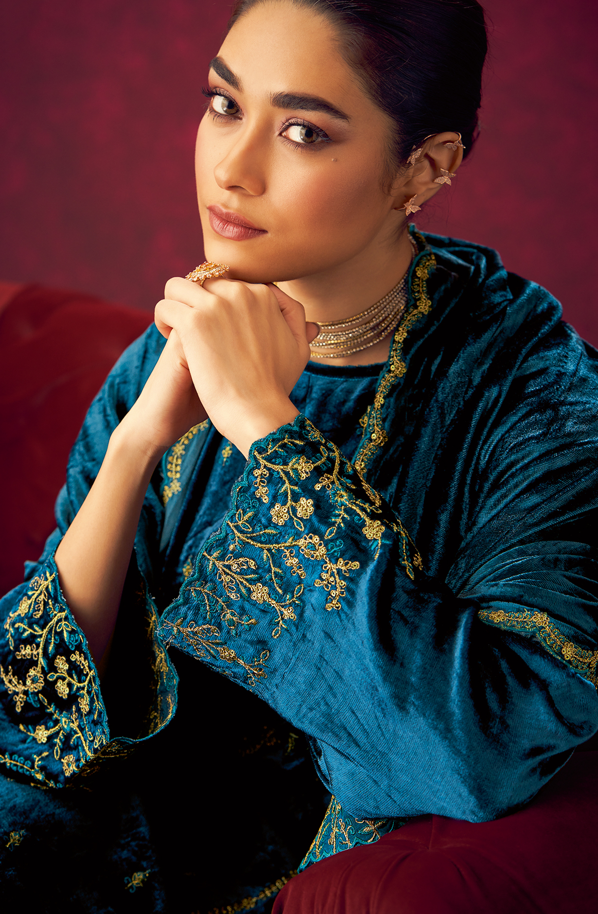 Teal Designer Velvet Suit with Zari Sequence Work Embroidery - PARI465