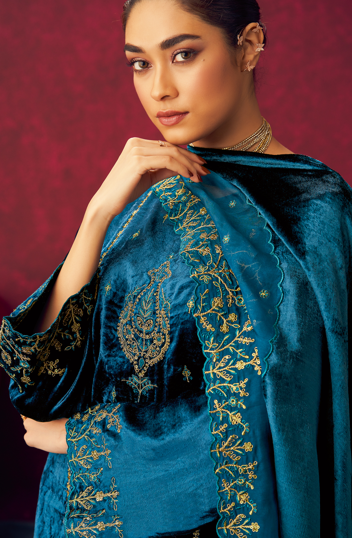 Teal Designer Velvet Suit with Zari Sequence Work Embroidery - PARI465