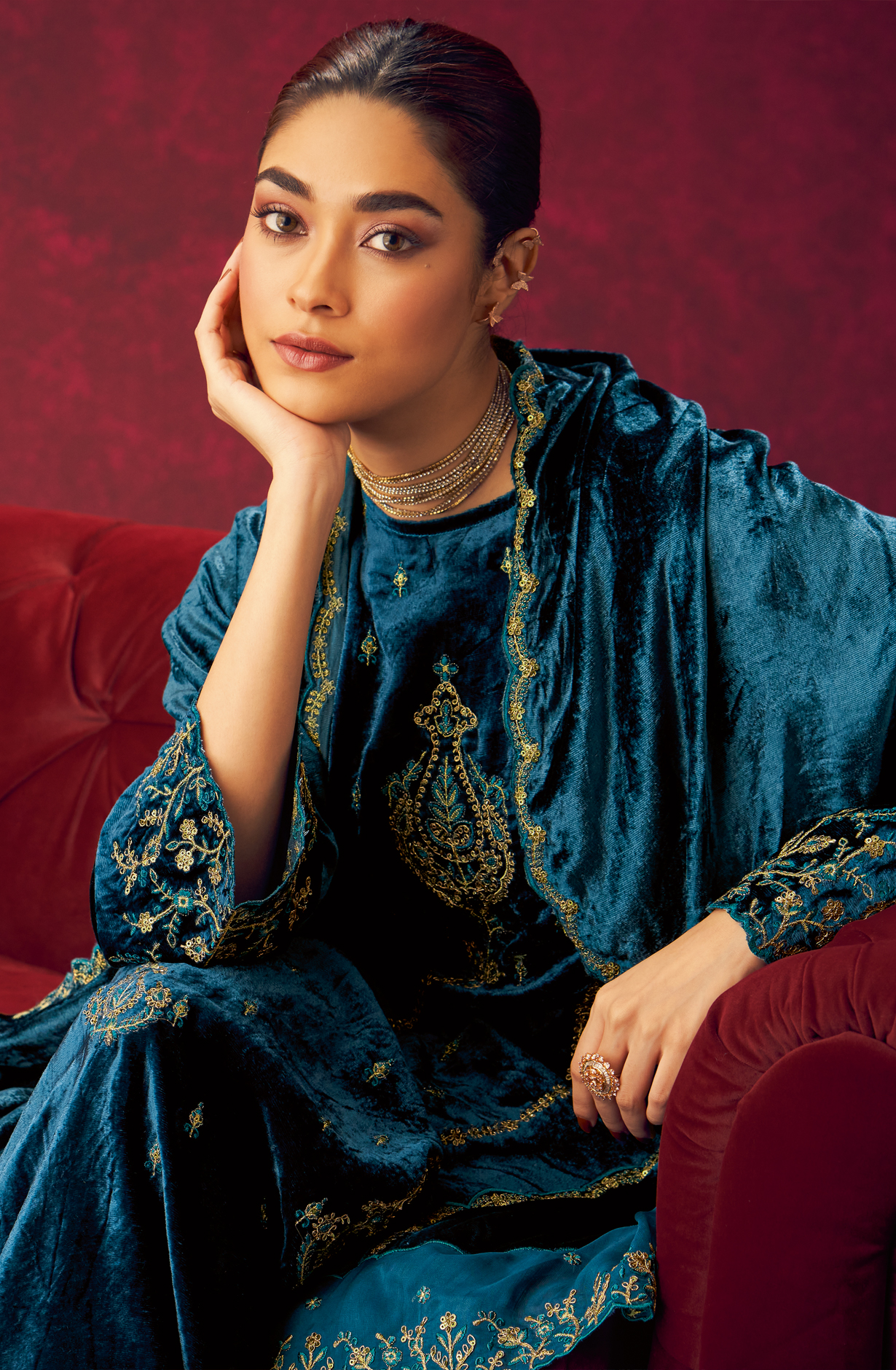 Teal Designer Velvet Suit with Zari Sequence Work Embroidery - PARI465