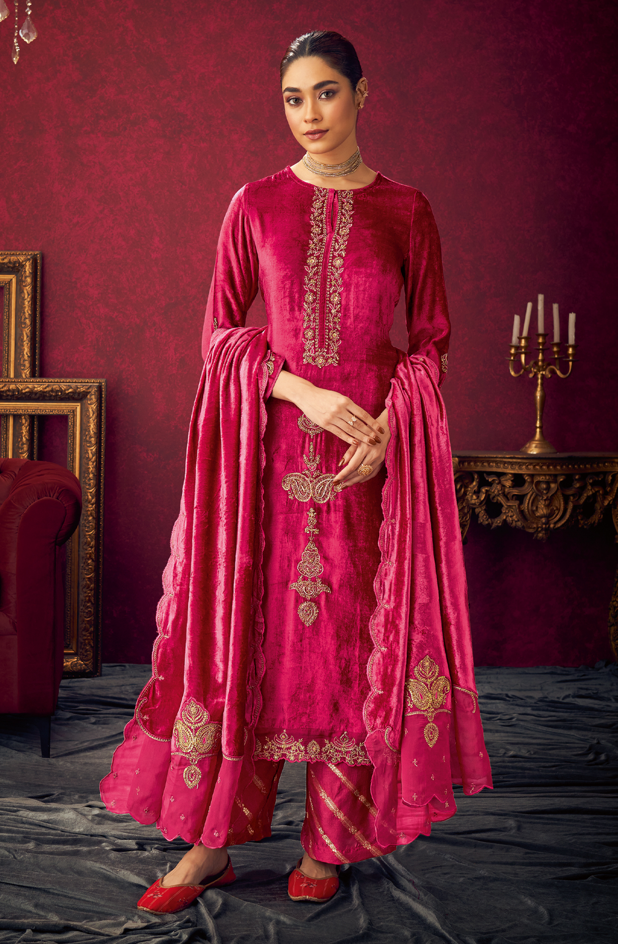 Rani Pink Designer Velvet Suit with Zari Sequence Work Embroidery - PARI489