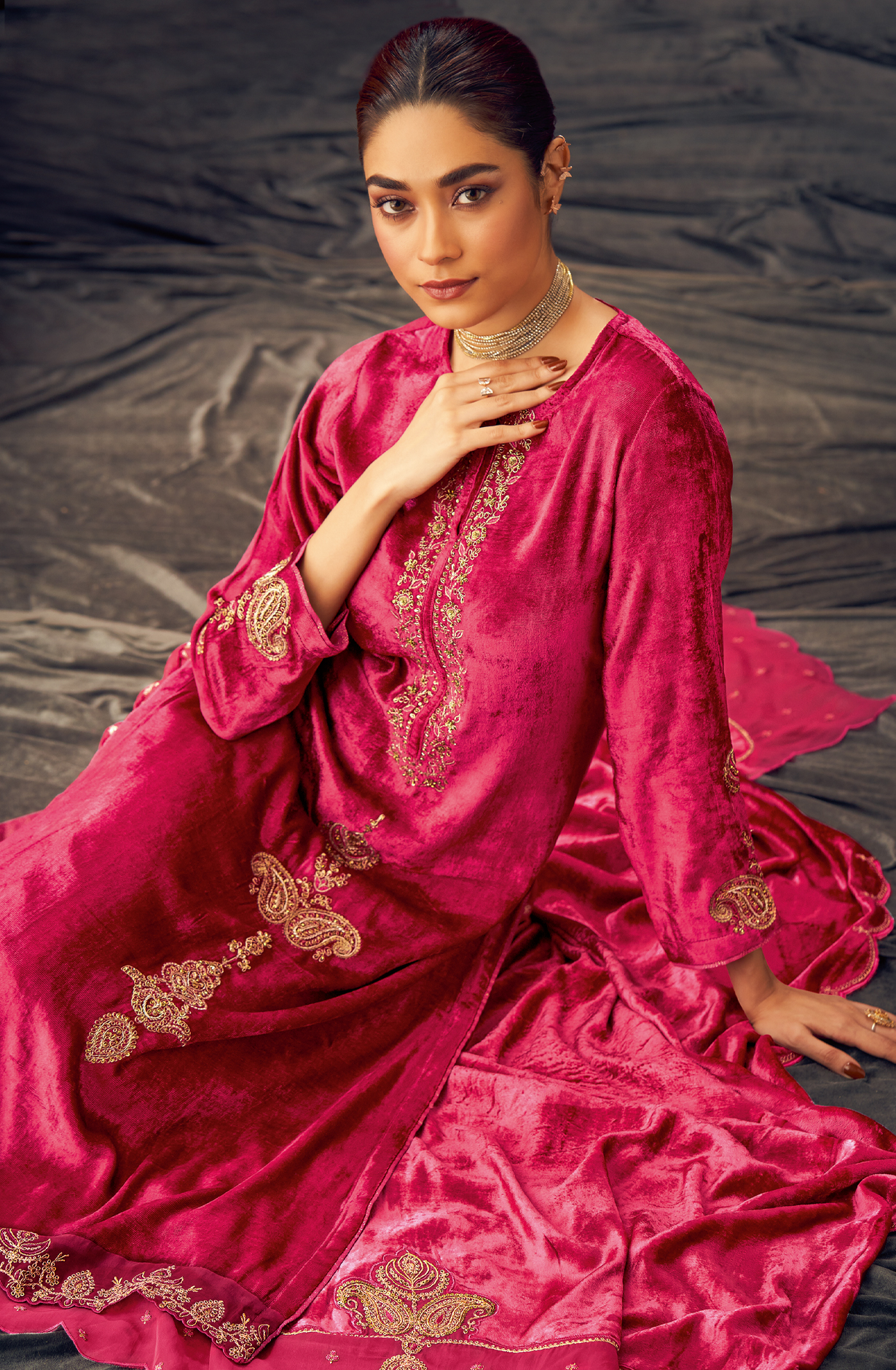 Rani Pink Designer Velvet Suit with Zari Sequence Work Embroidery - PARI489