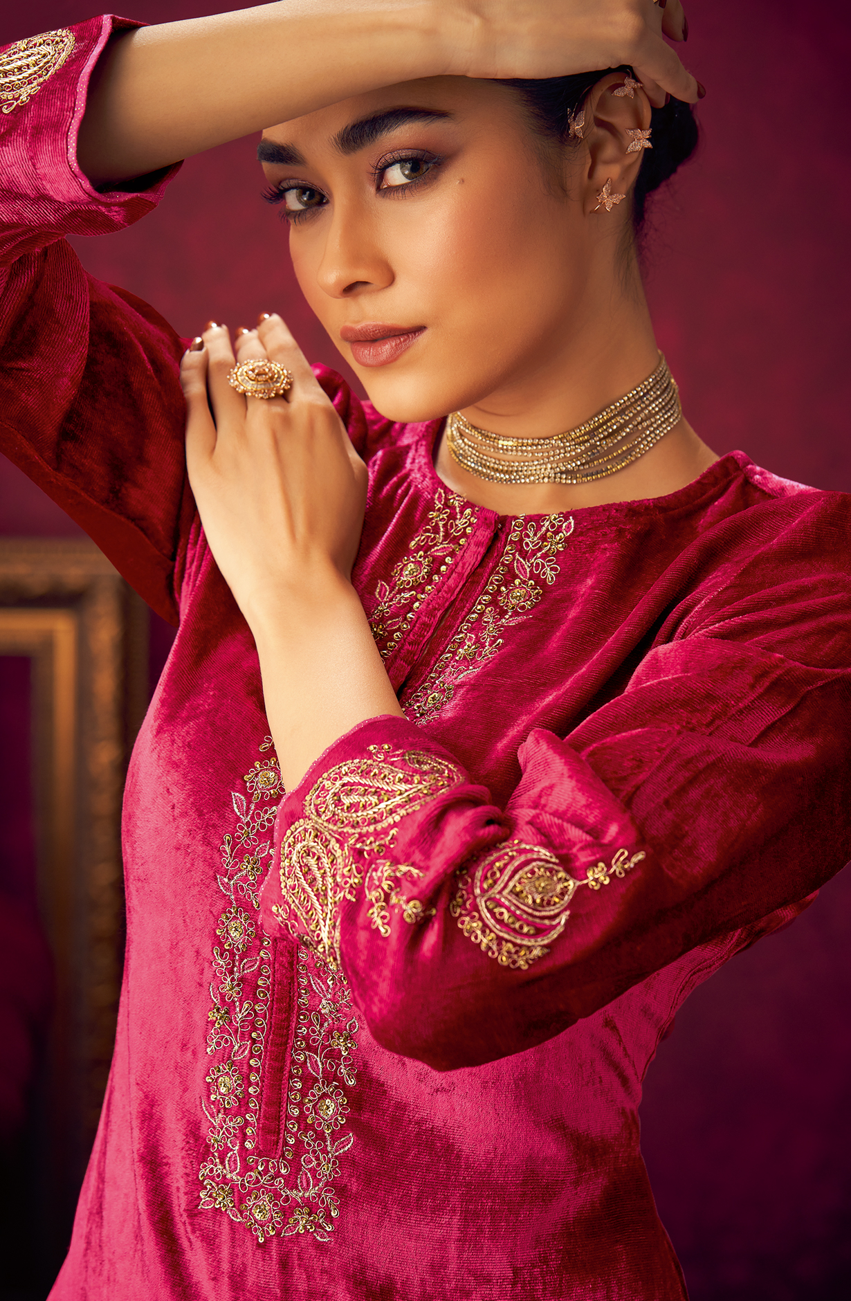 Rani Pink Designer Velvet Suit with Zari Sequence Work Embroidery - PARI489