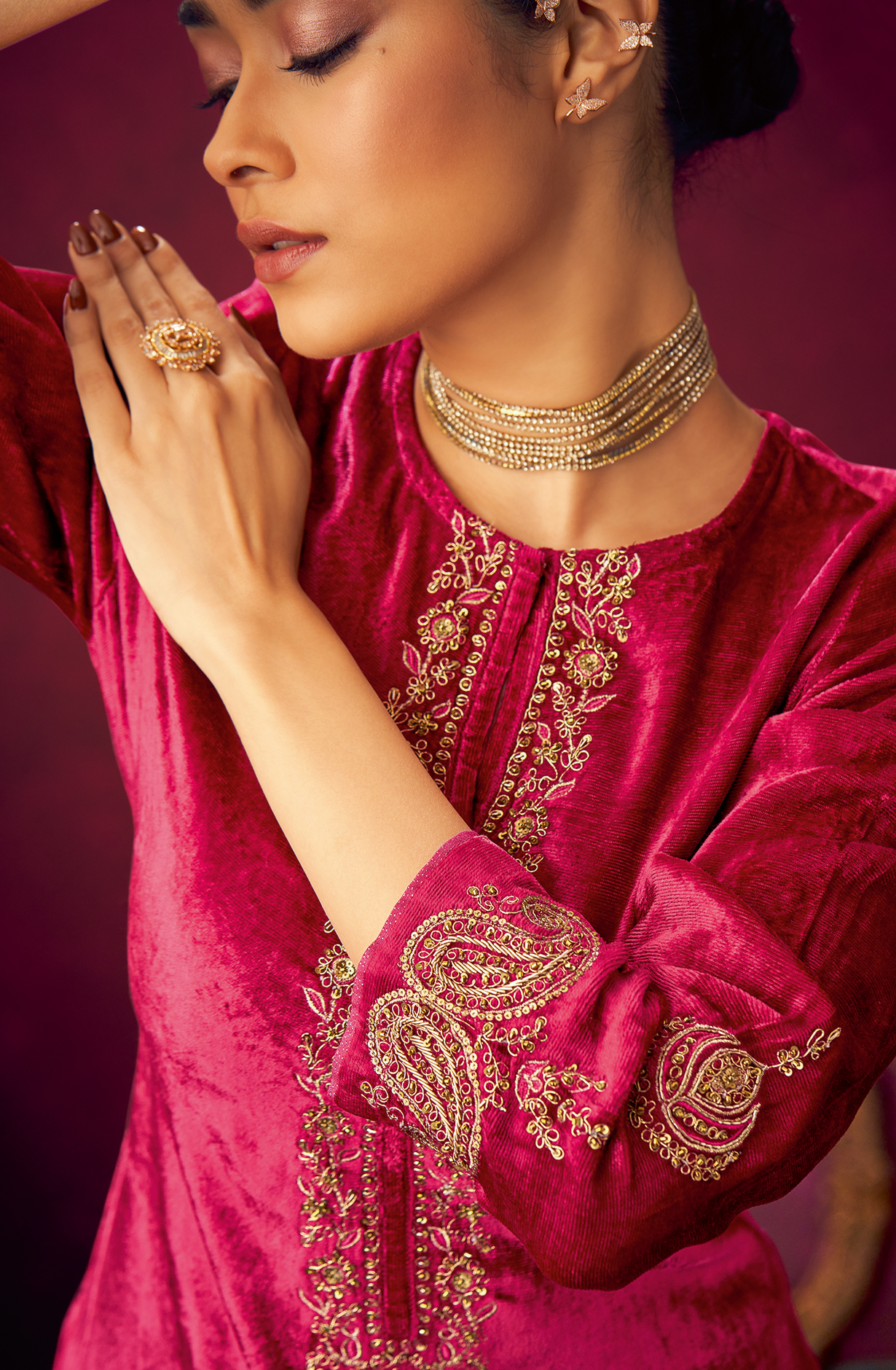 Rani Pink Designer Velvet Suit with Zari Sequence Work Embroidery - PARI489