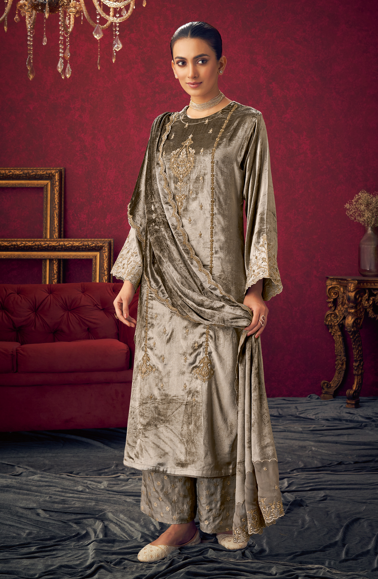 Grey Designer Velvet Suit with Zari Sequence Work Embroidery - PARI493