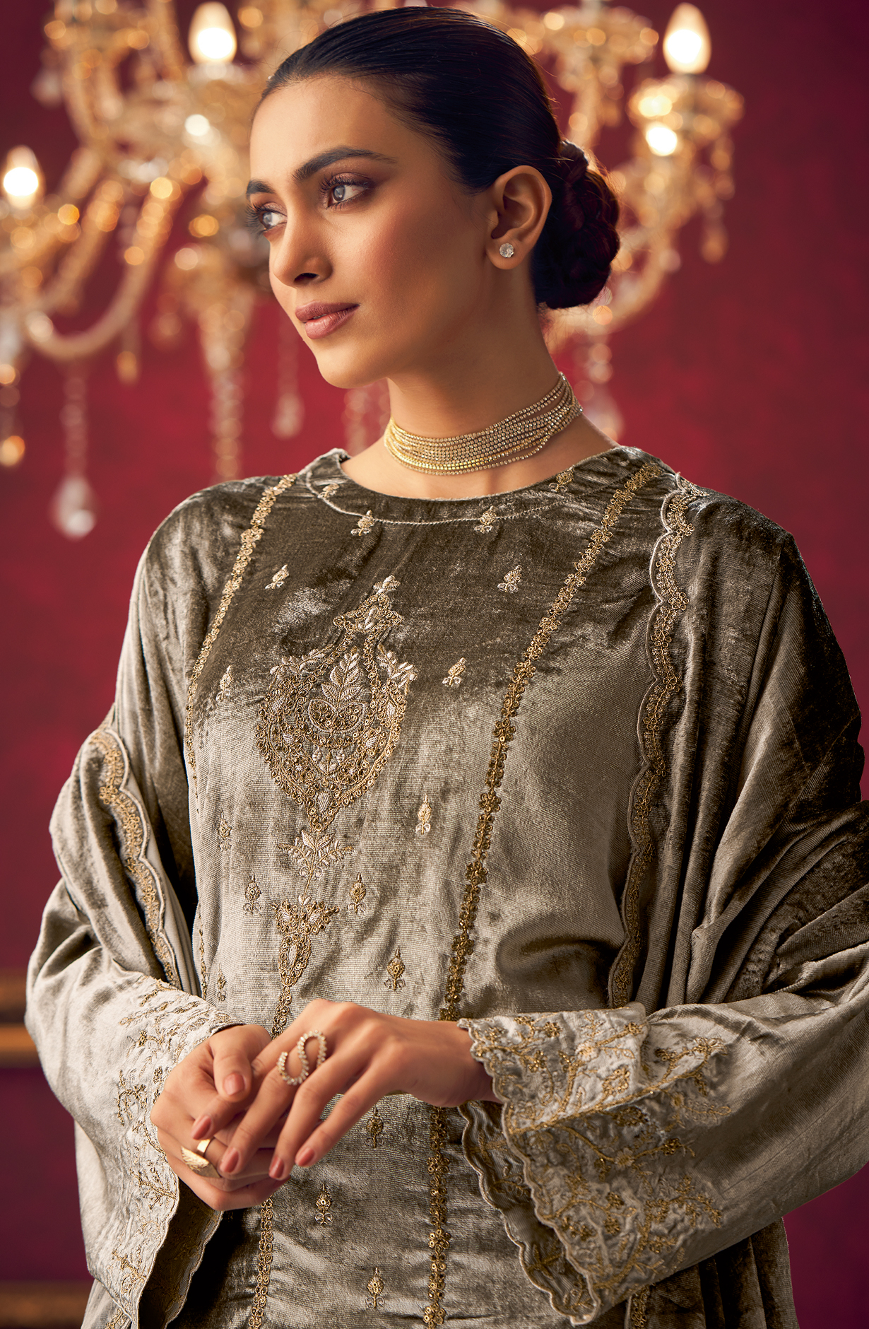 Grey Designer Velvet Suit with Zari Sequence Work Embroidery - PARI493