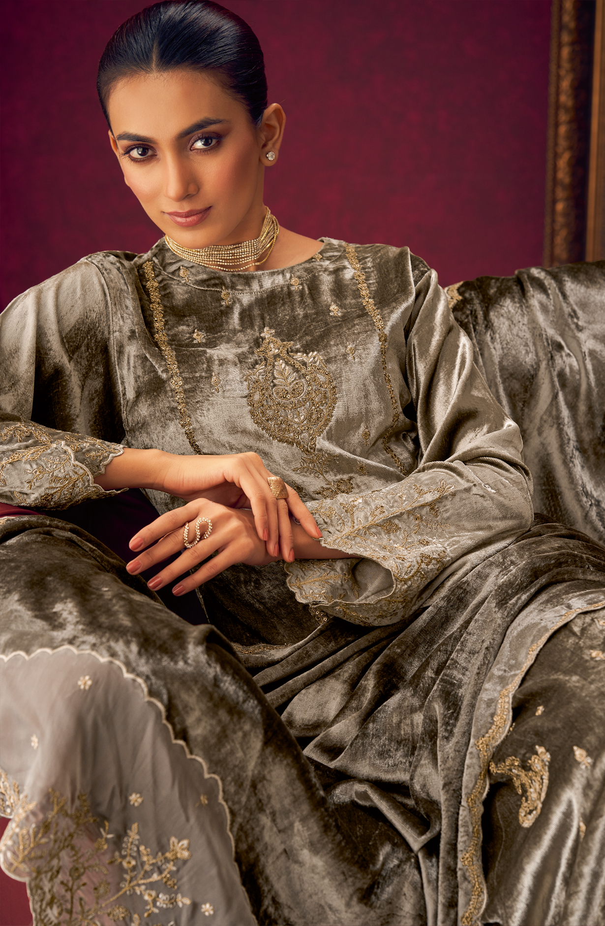 Grey Designer Velvet Suit with Zari Sequence Work Embroidery - PARI493