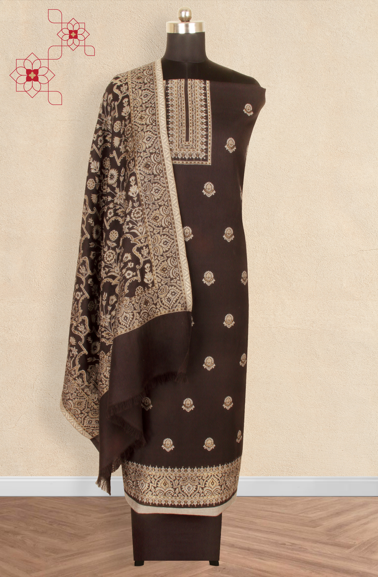 Black Pure Pashmina Unstitched Salwar Kameez with Stole Dupatta - PAS2027B