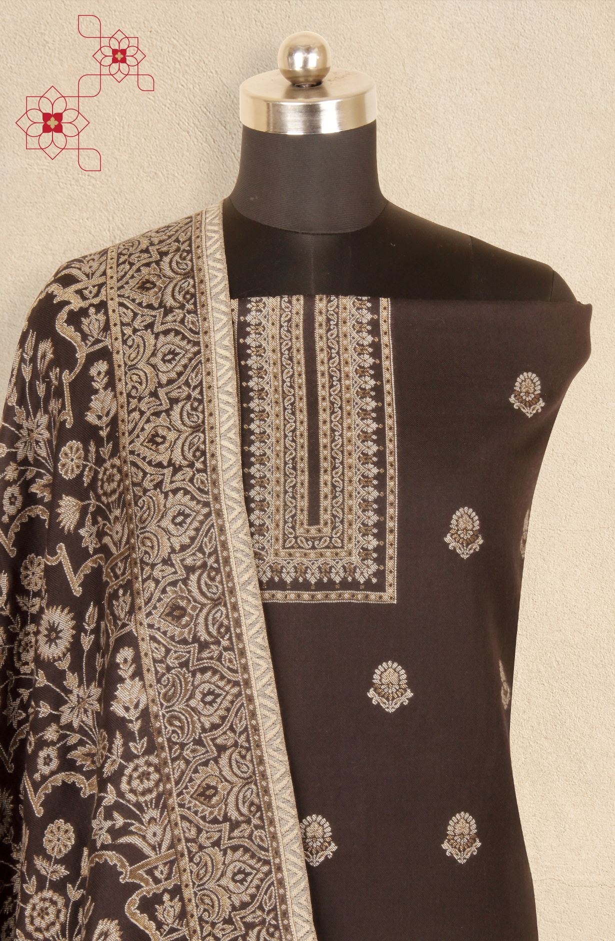 Black Pure Pashmina Unstitched Salwar Kameez with Stole Dupatta - PAS2027B