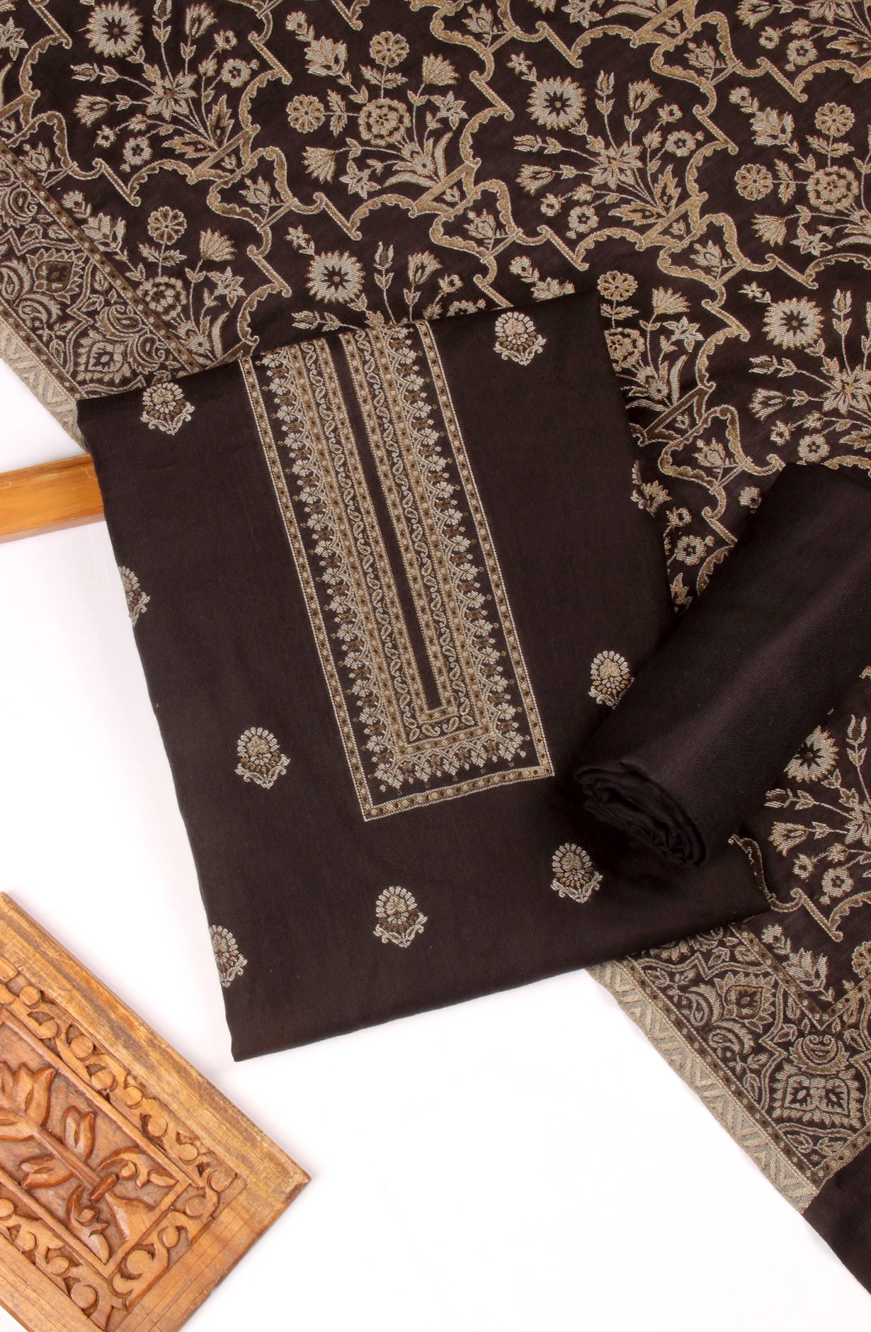 Black Pure Pashmina Unstitched Salwar Kameez with Stole Dupatta - PAS2027B