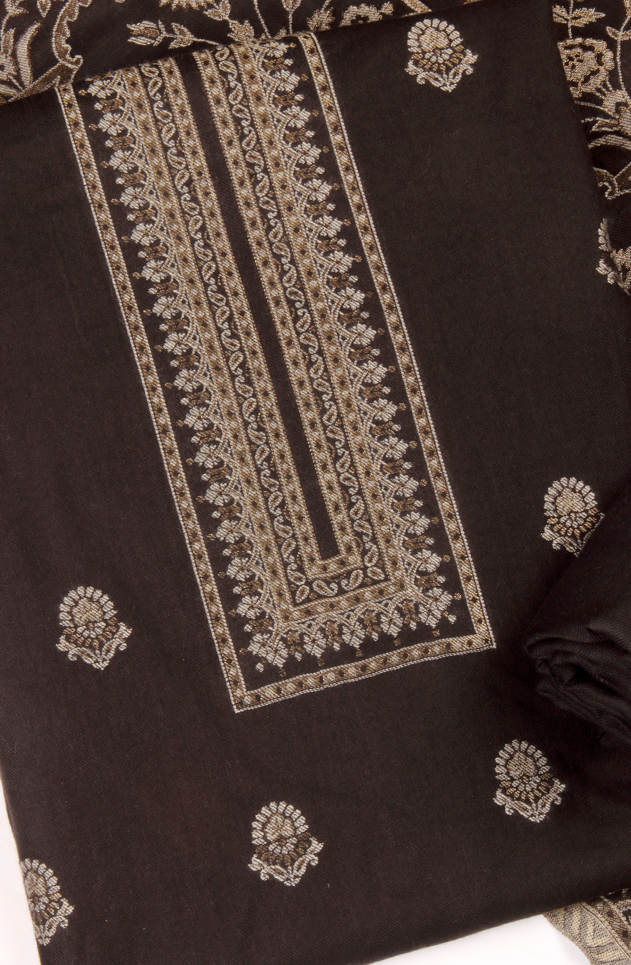 Black Pure Pashmina Unstitched Salwar Kameez with Stole Dupatta - PAS2027B