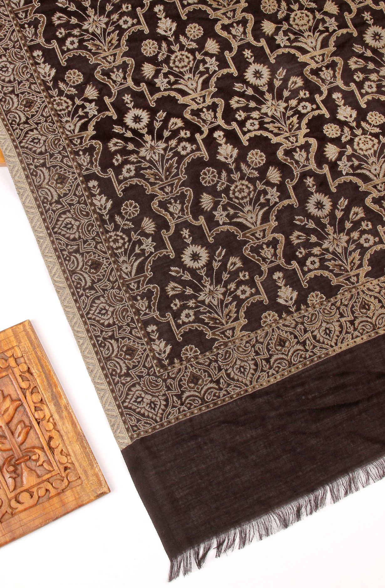 Black Pure Pashmina Unstitched Salwar Kameez with Stole Dupatta - PAS2027B