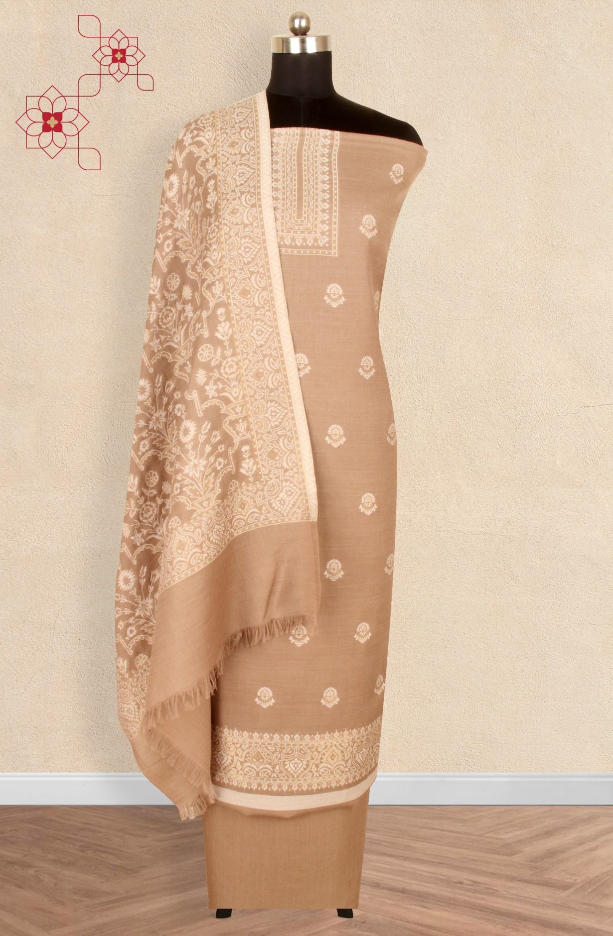 Beige Pure Pashmina Unstitched Salwar Kameez with Stole Dupatta - PAS2027D