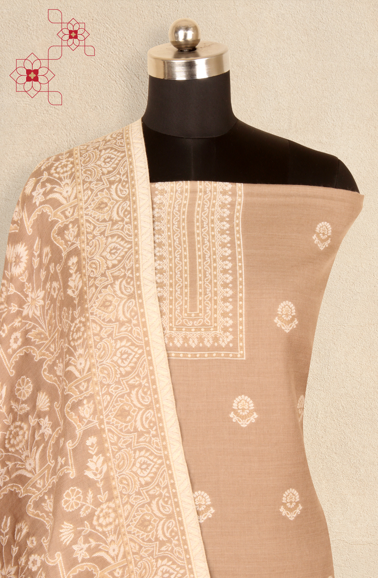 Beige Pure Pashmina Unstitched Salwar Kameez with Stole Dupatta - PAS2027D